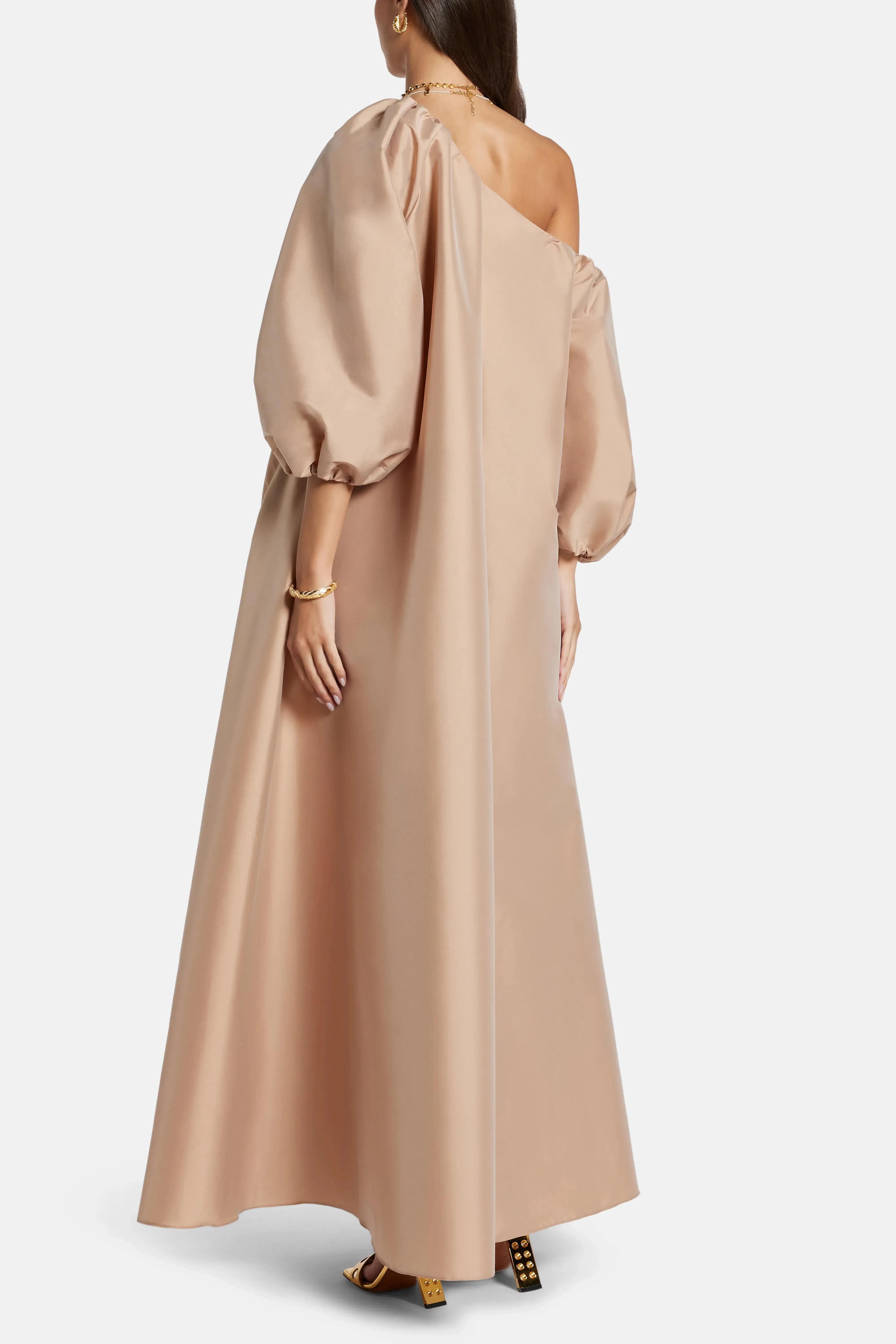 Bernadette Nathalie One Shoulder Puff Sleeves Maxi Dress in Beige