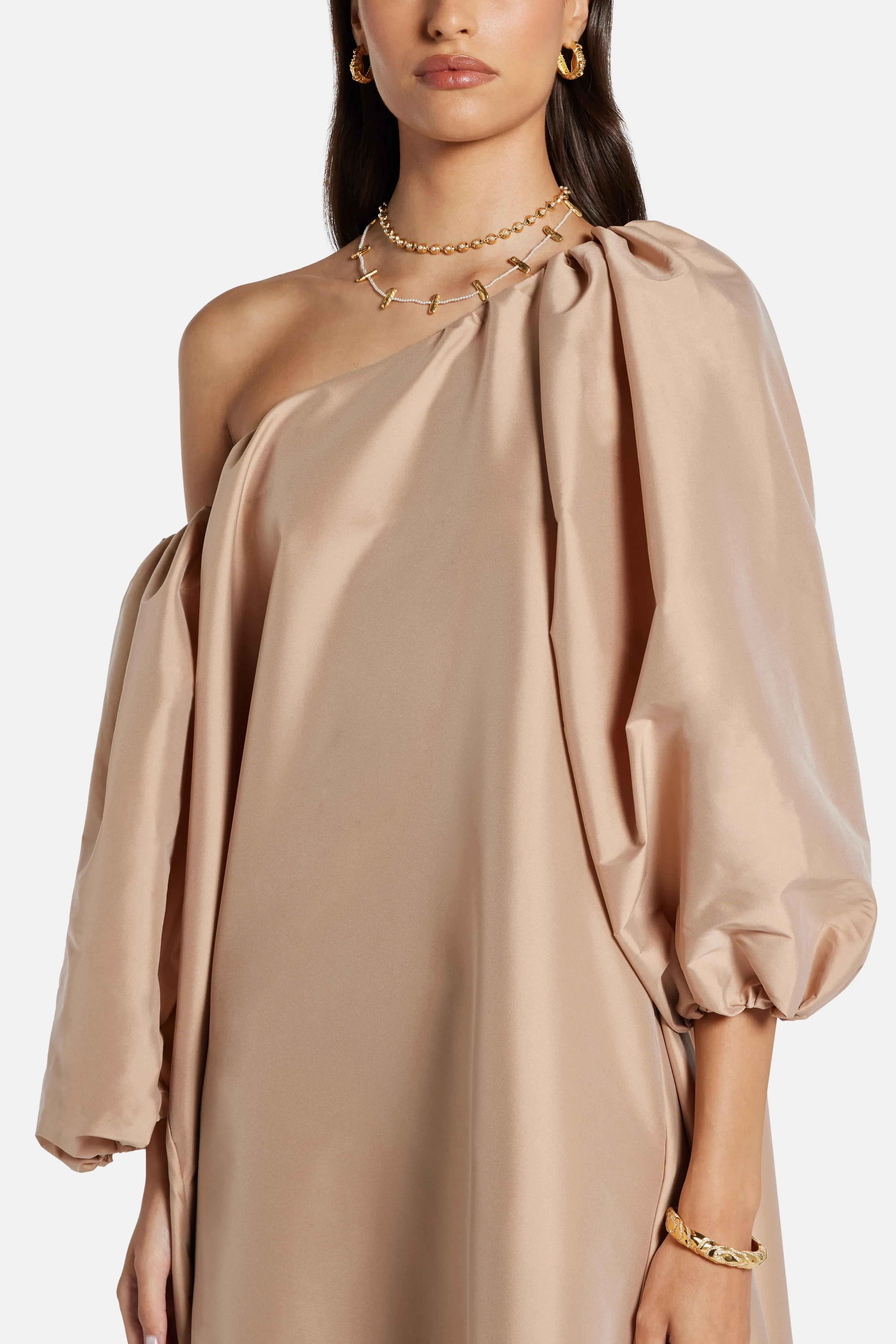 Bernadette Nathalie One Shoulder Puff Sleeves Maxi Dress in Beige