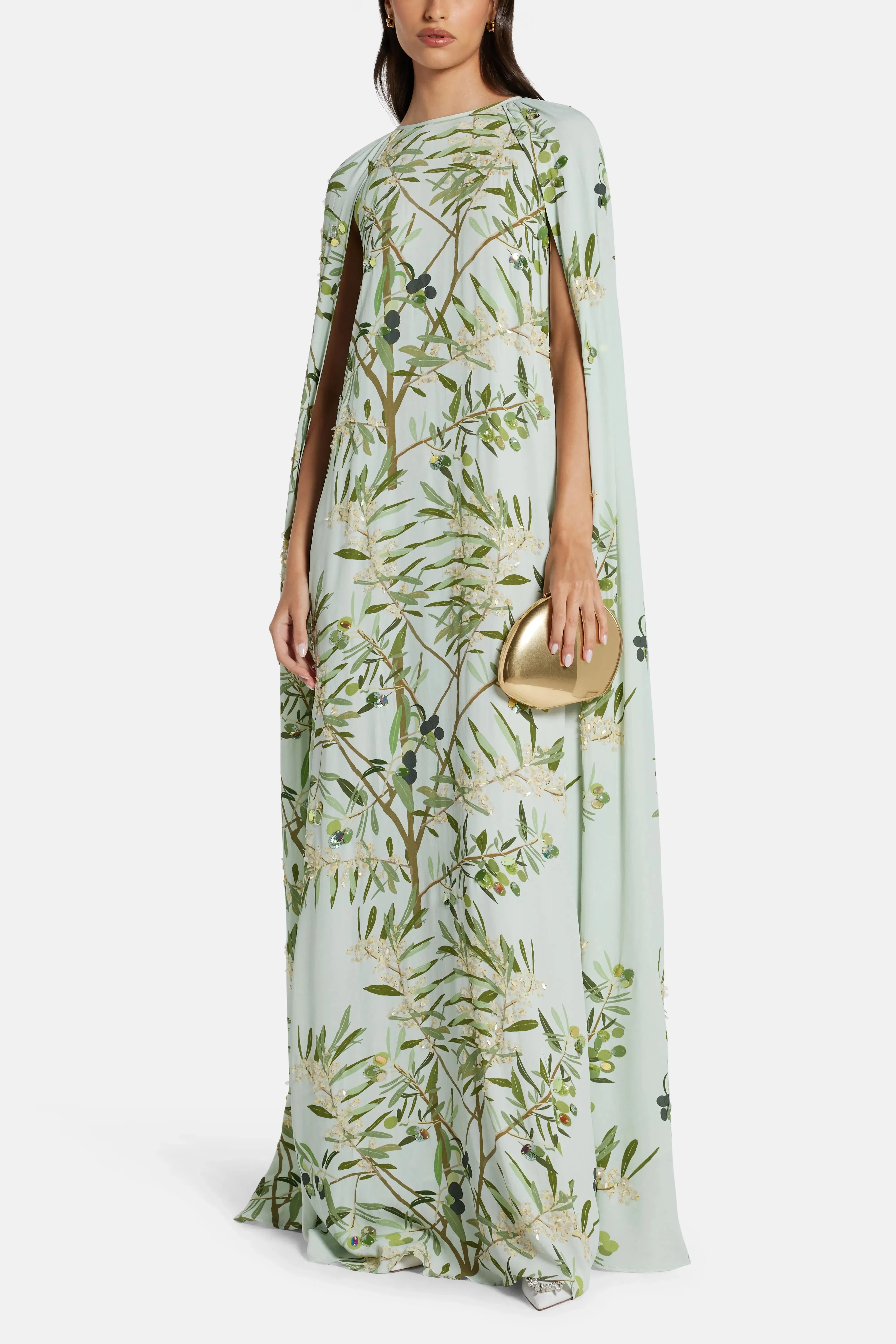 Bernadette Minnie Cape Embroidered Maxi Dress in Green