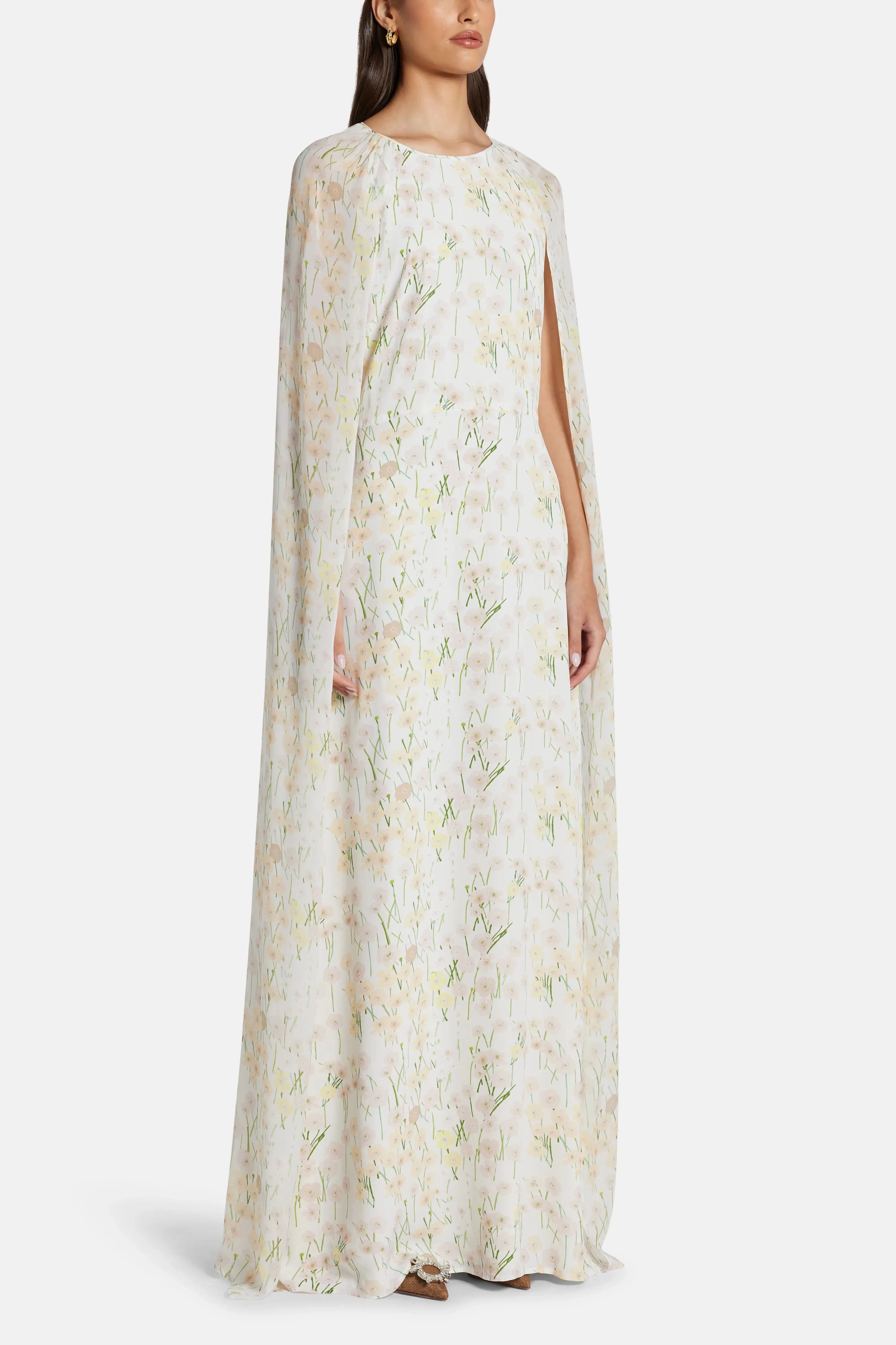 Bernadette Mina Cape Floral Patterned Backless Maxi Dress in White