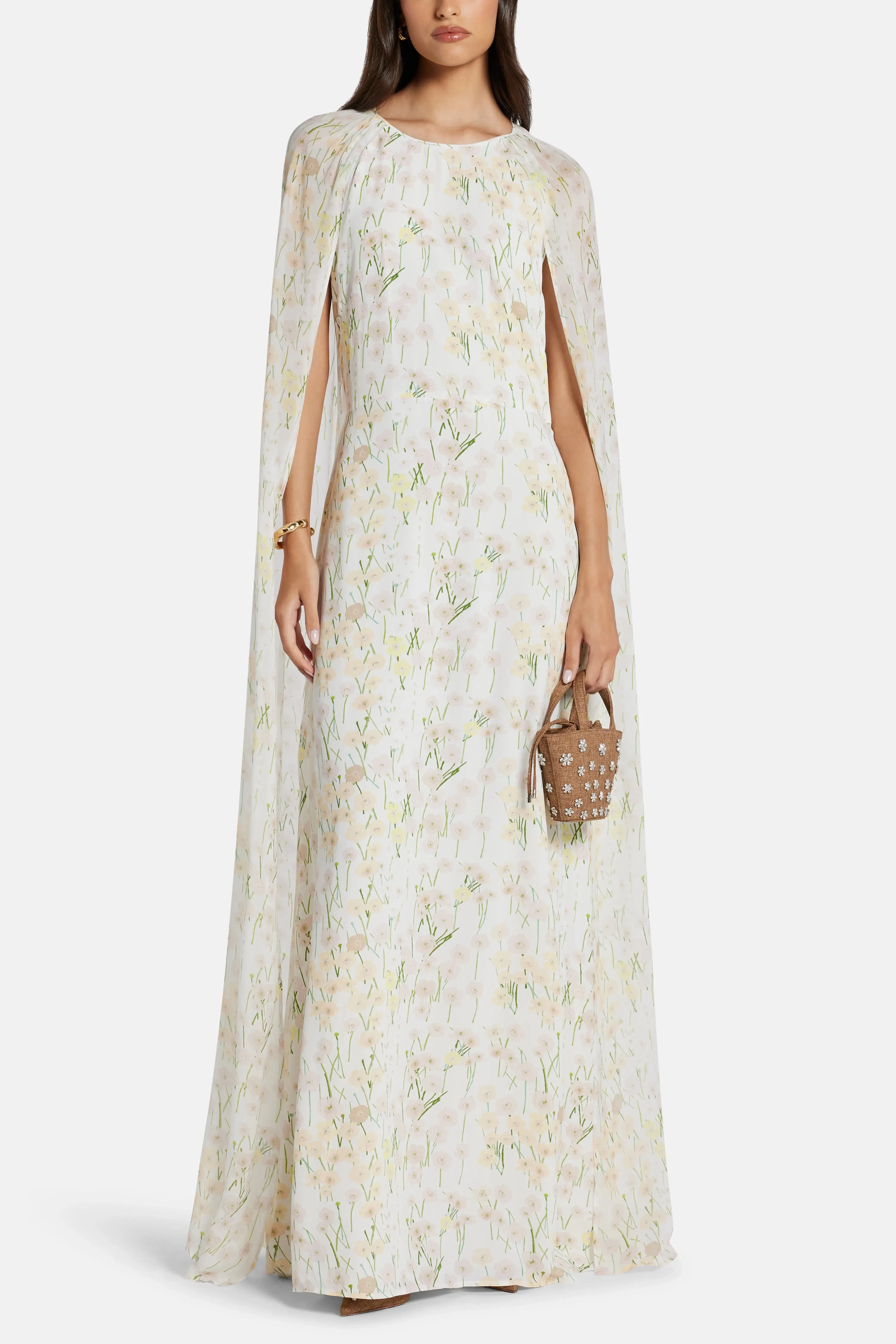 Bernadette Mina Cape Floral Patterned Backless Maxi Dress in White