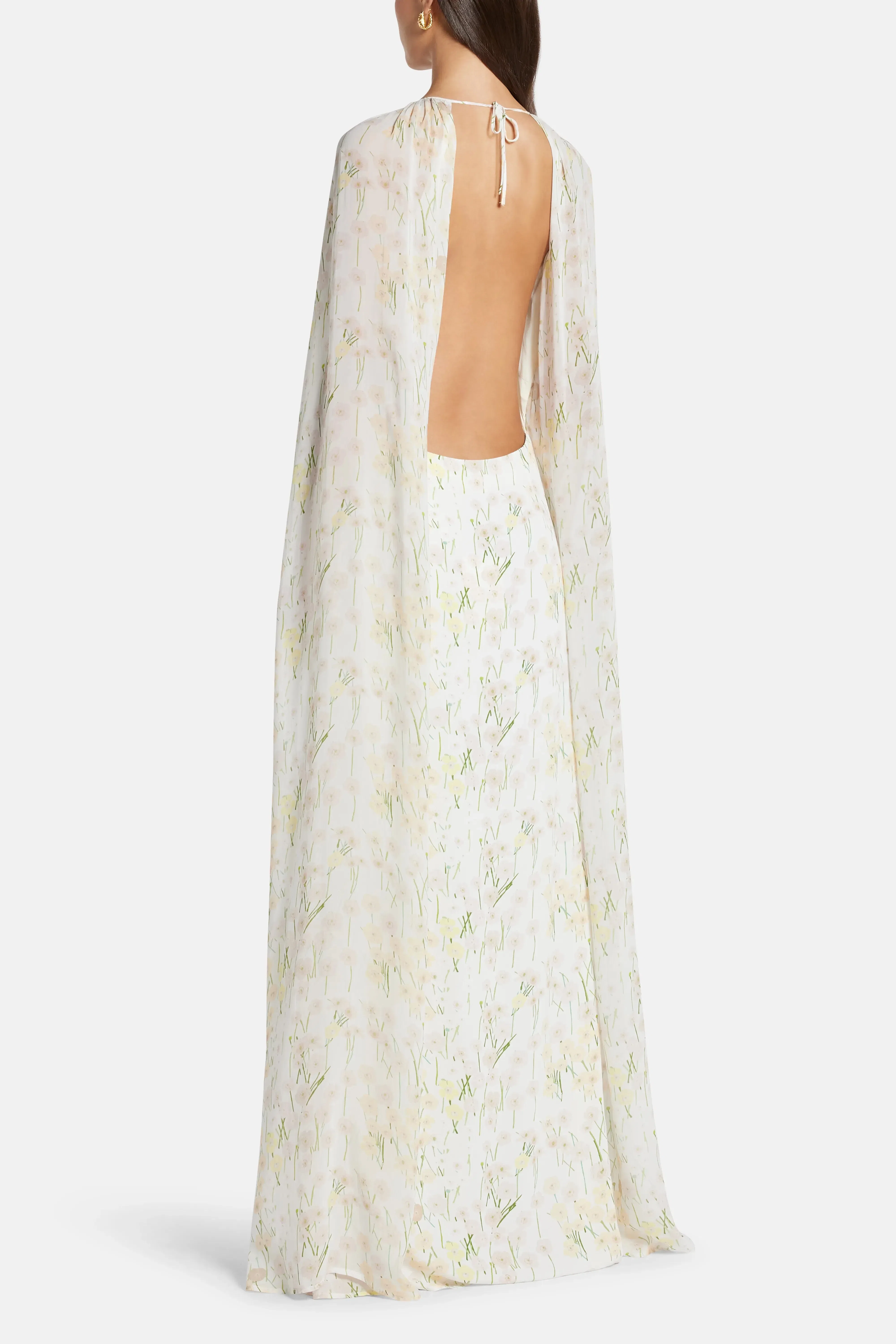 Bernadette Mina Cape Floral Patterned Backless Maxi Dress in White