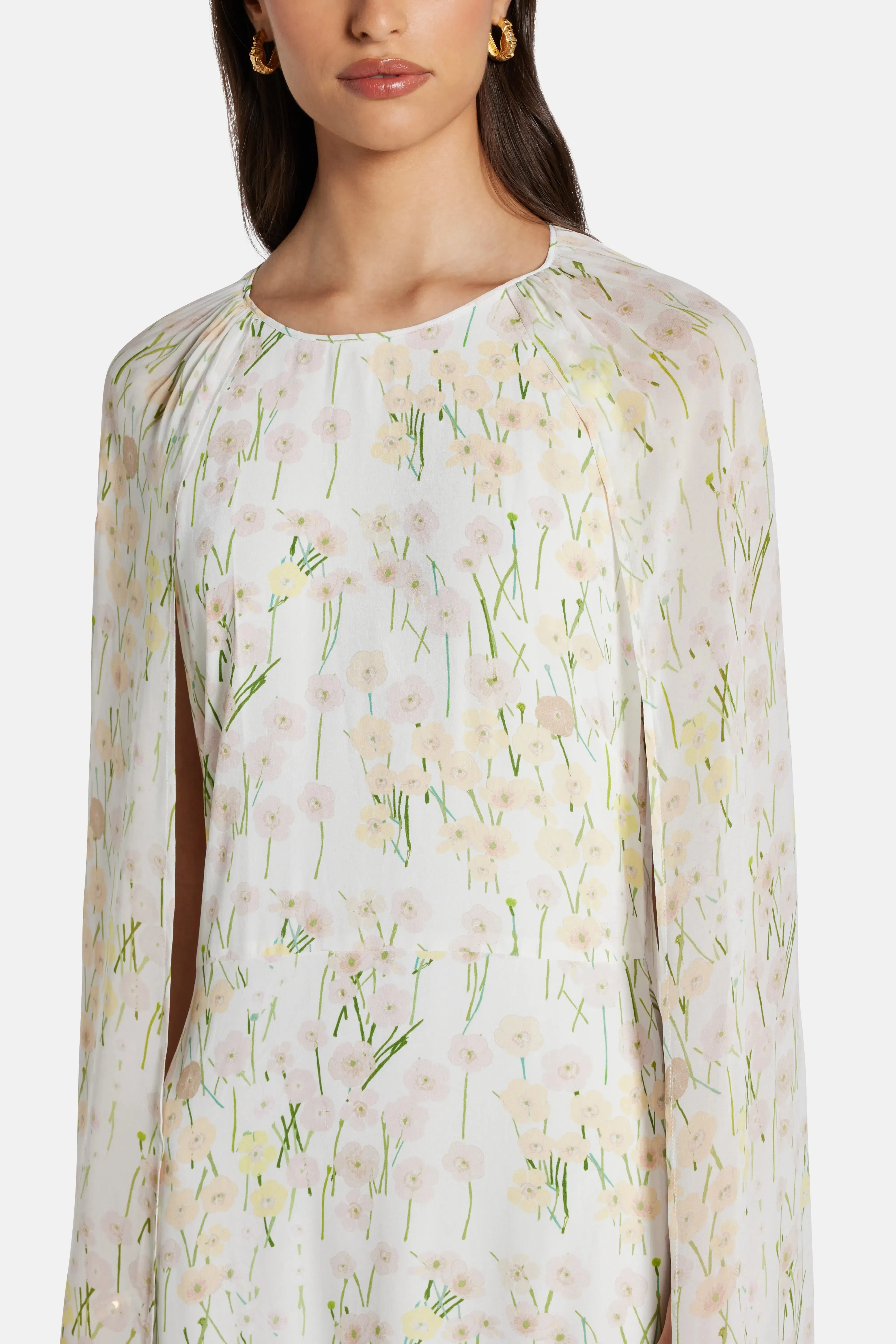 Bernadette Mina Cape Floral Patterned Backless Maxi Dress in White