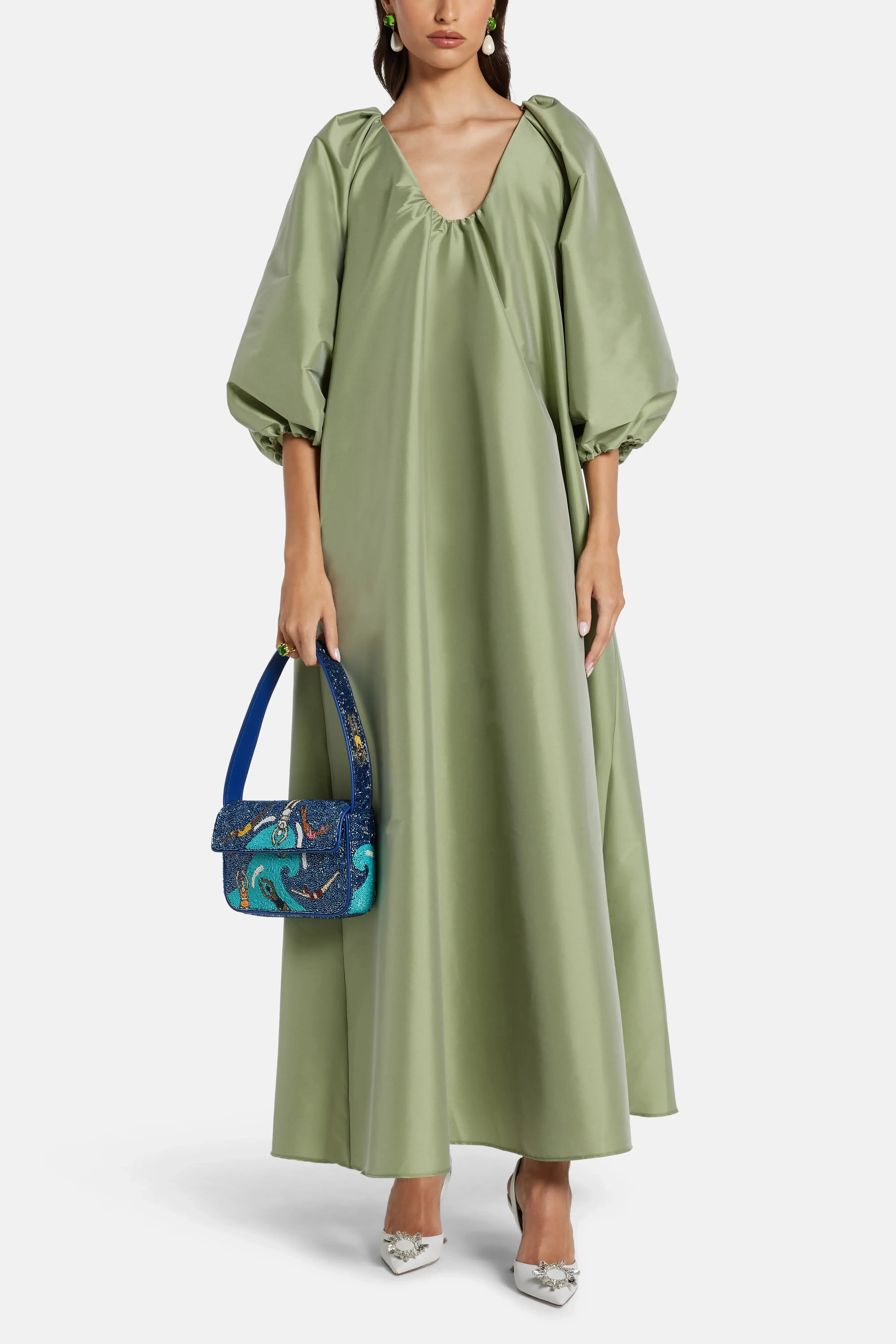 Bernadette Georgio Puff Sleeves Maxi Dress in Green