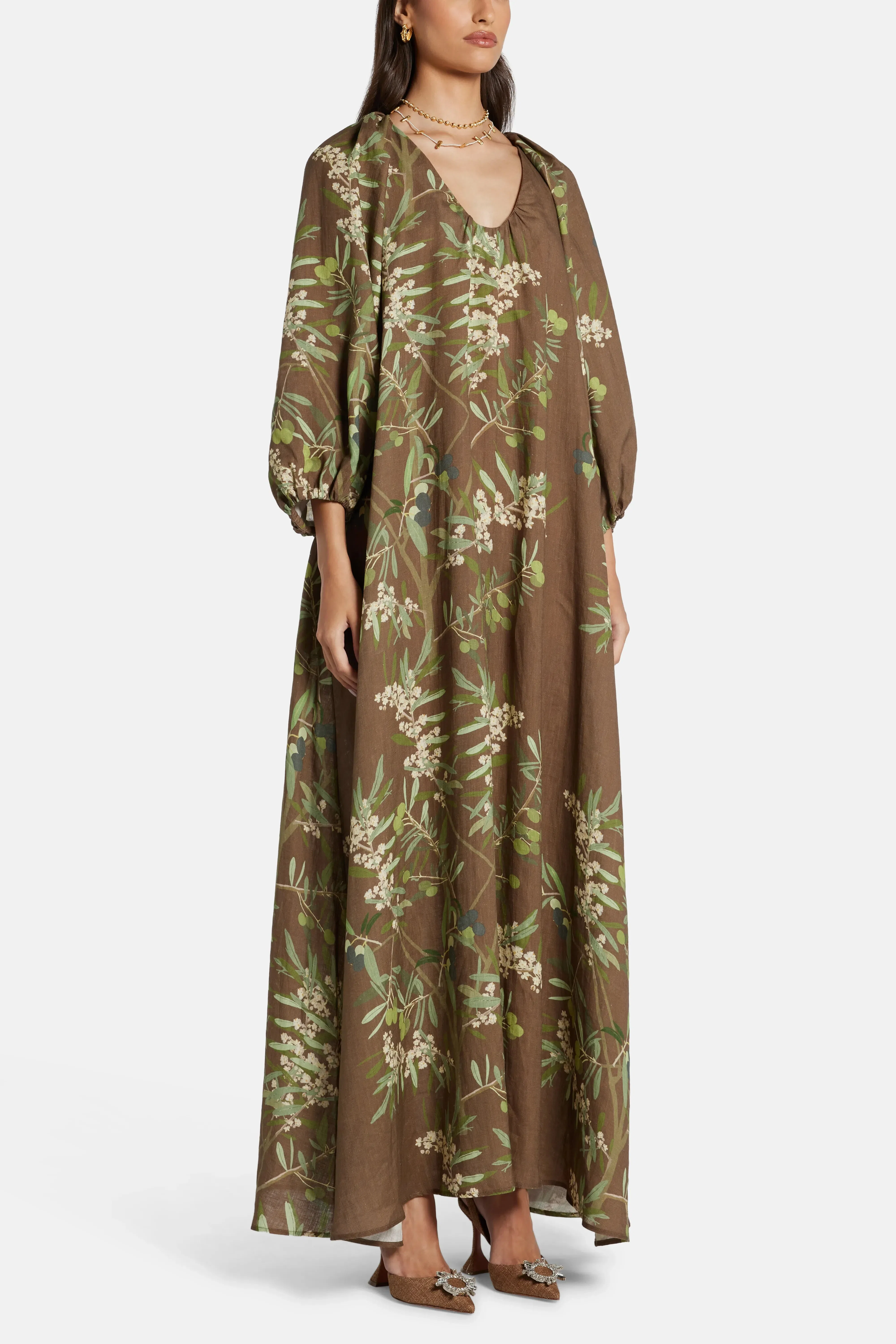 Bernadette Georgio Puff Sleeves Maxi Dress in Brown