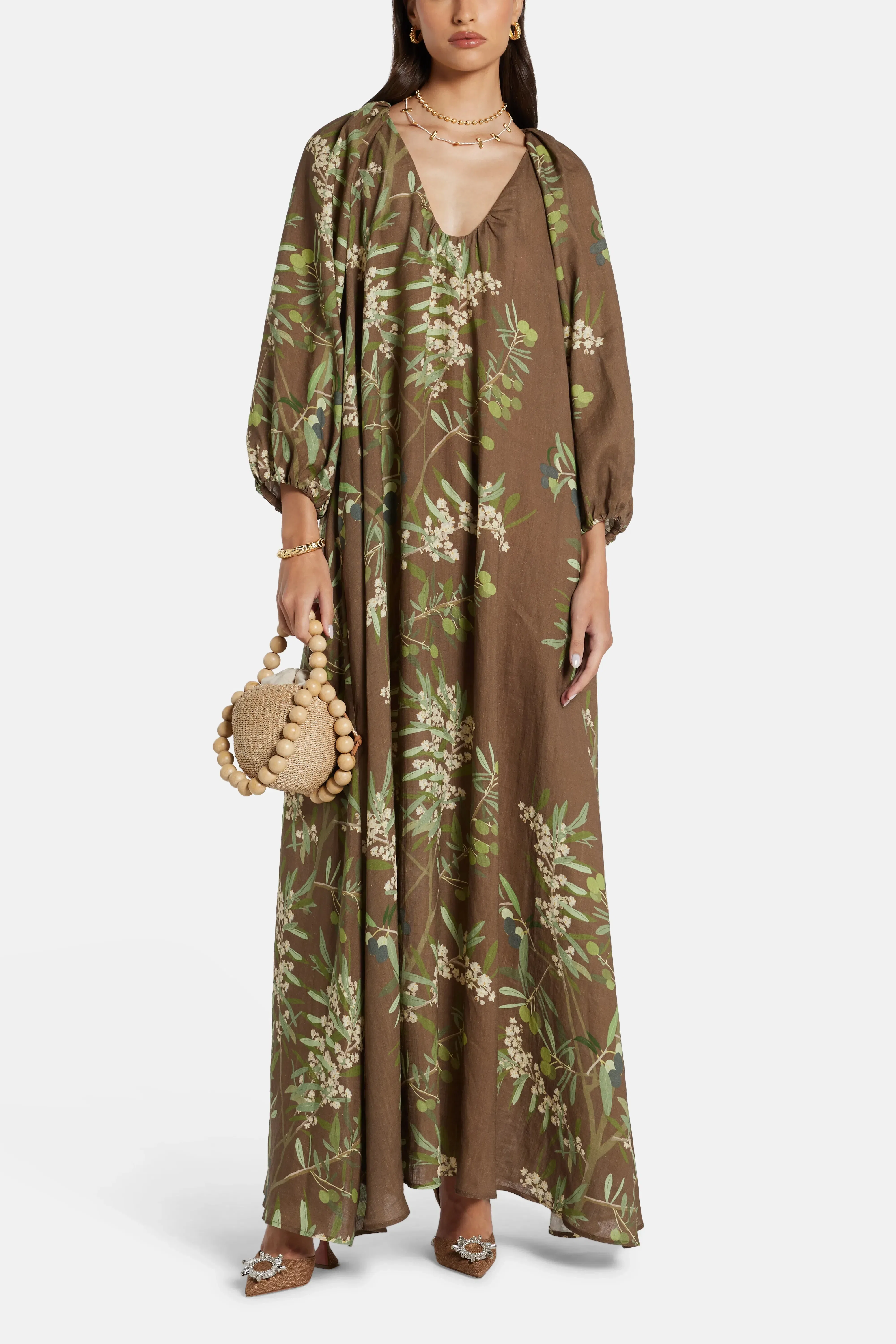 Bernadette Georgio Puff Sleeves Maxi Dress in Brown