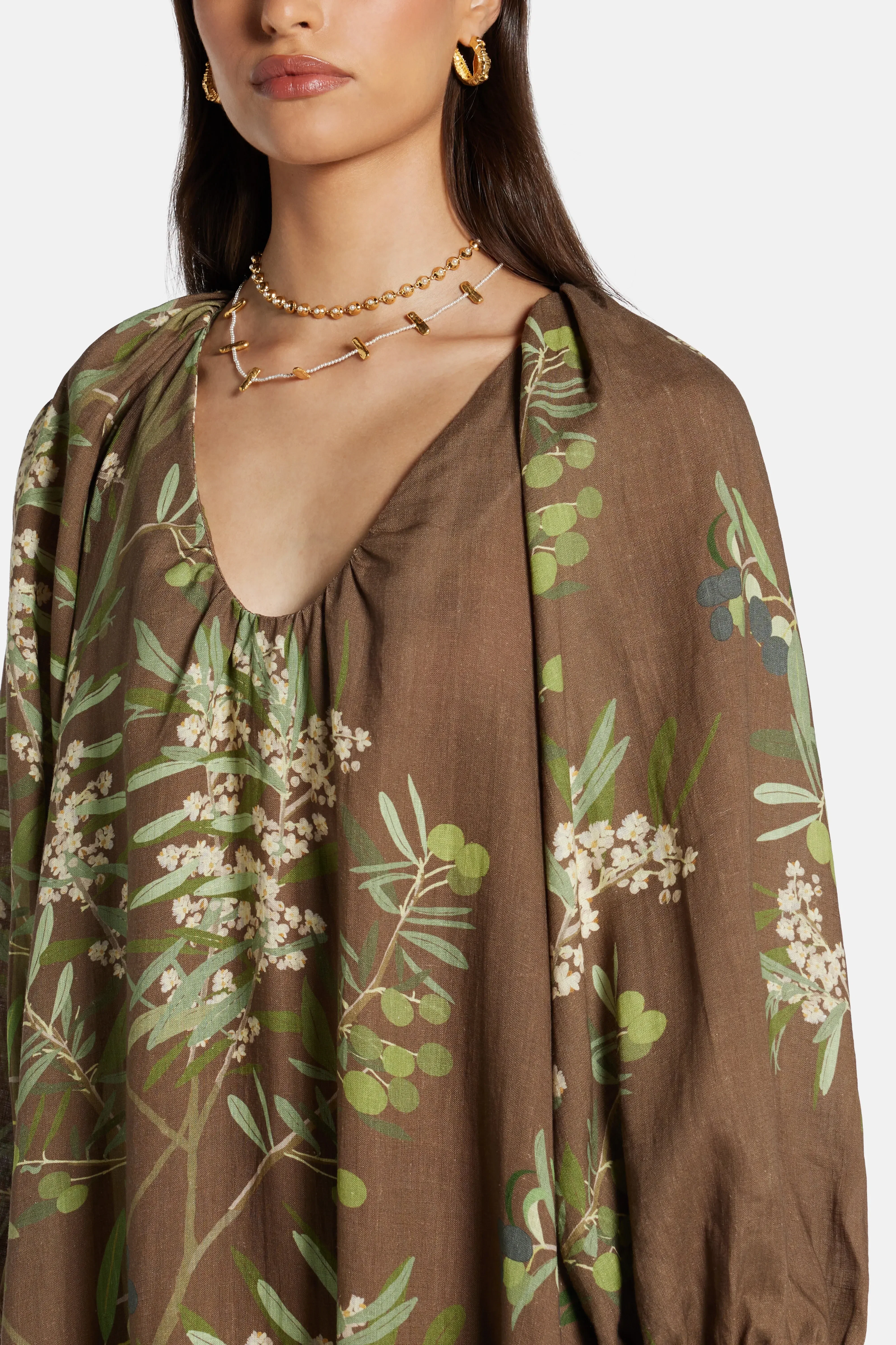 Bernadette Georgio Puff Sleeves Maxi Dress in Brown