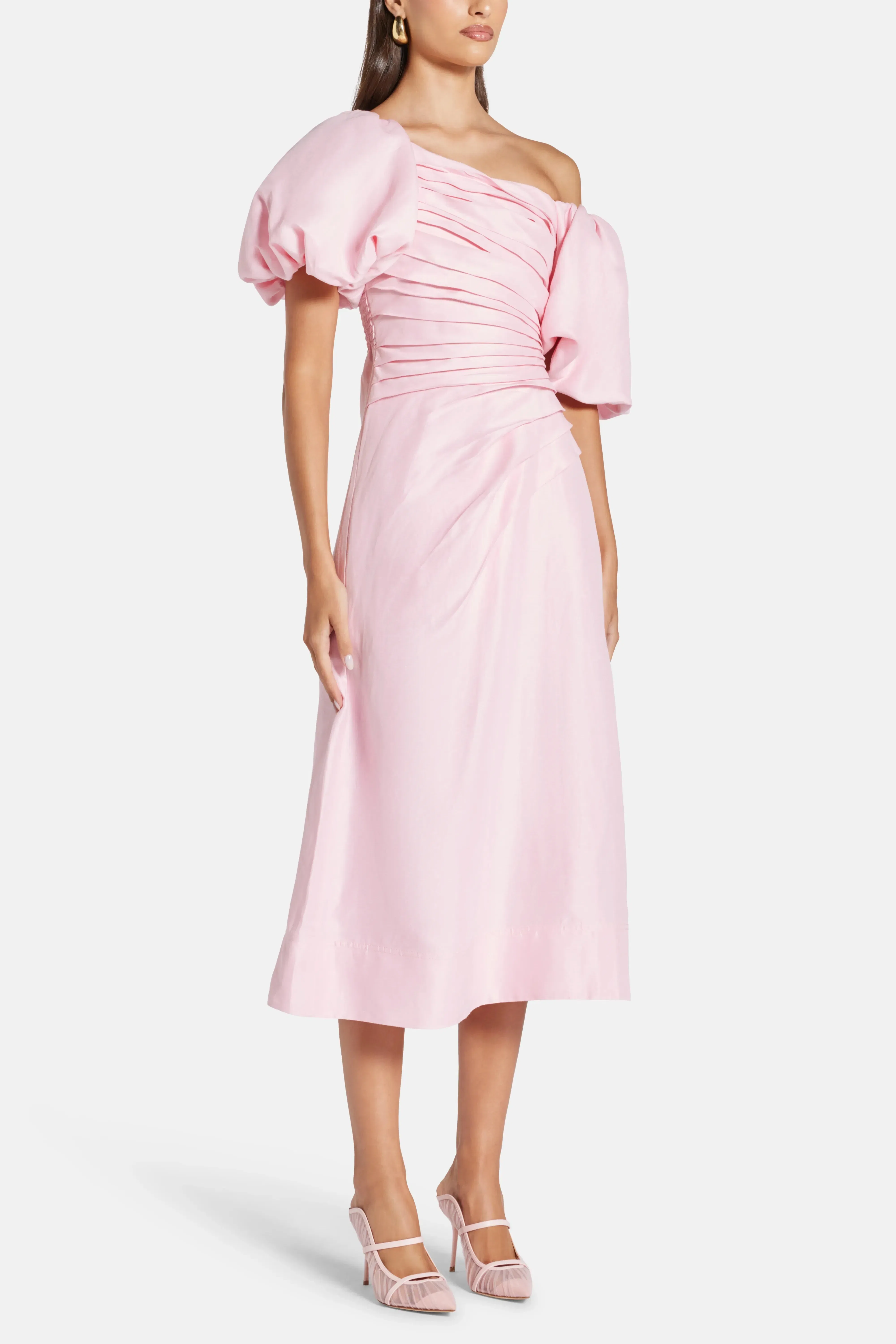 Aje Cadence Ruched Midi Dress with Asymmetrical Neckline in Pink