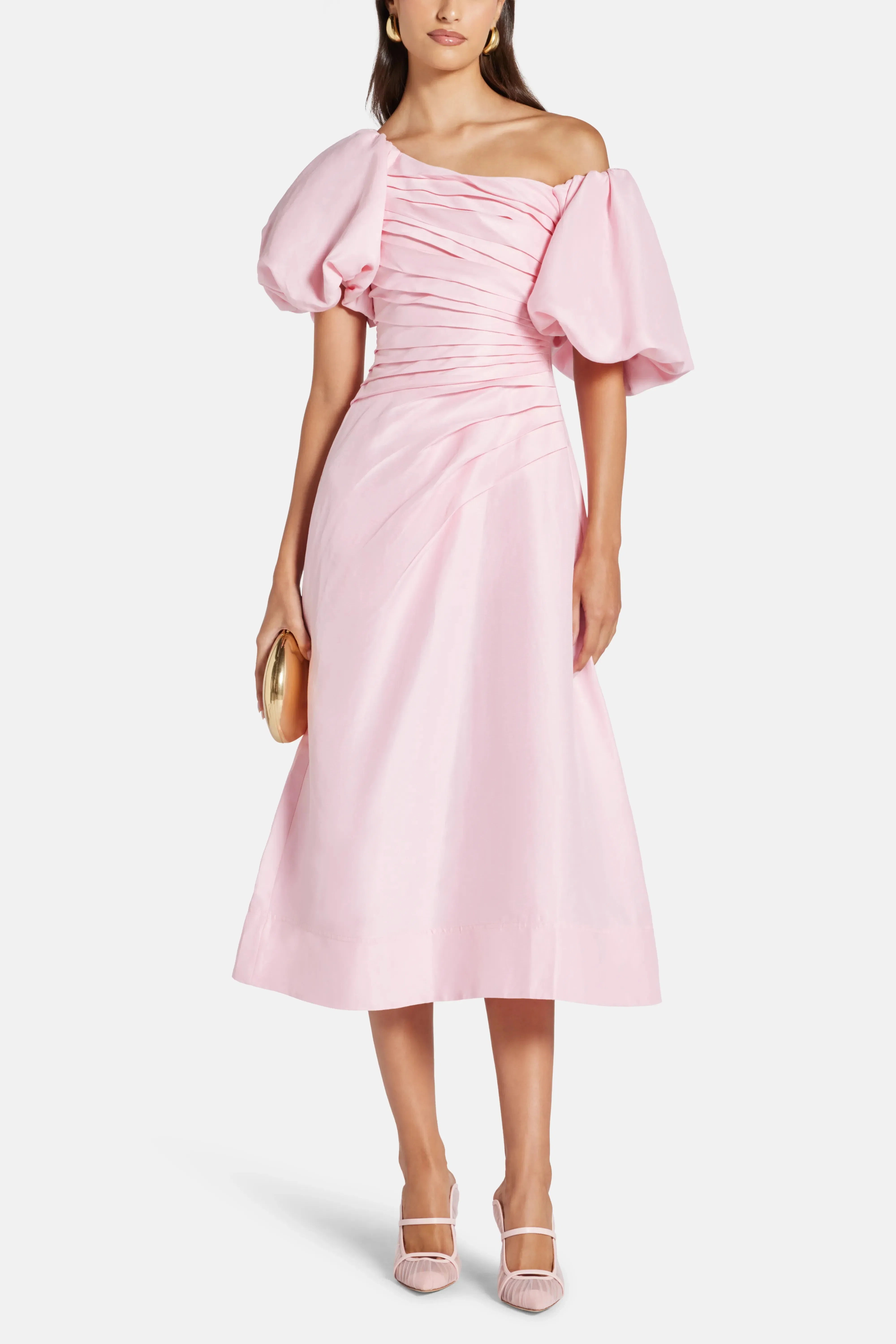 Aje Cadence Ruched Midi Dress with Asymmetrical Neckline in Pink