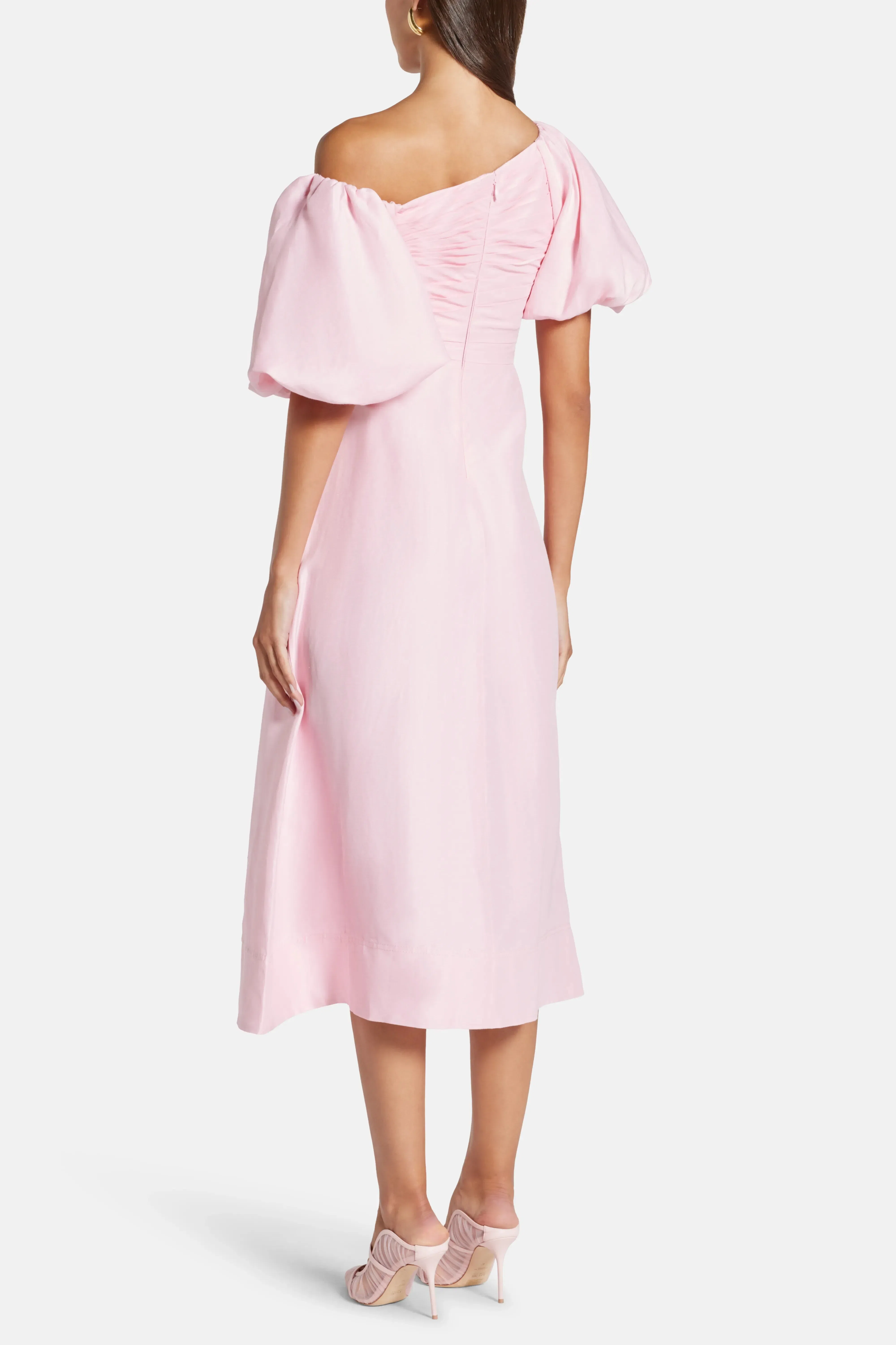 Aje Cadence Ruched Midi Dress with Asymmetrical Neckline in Pink