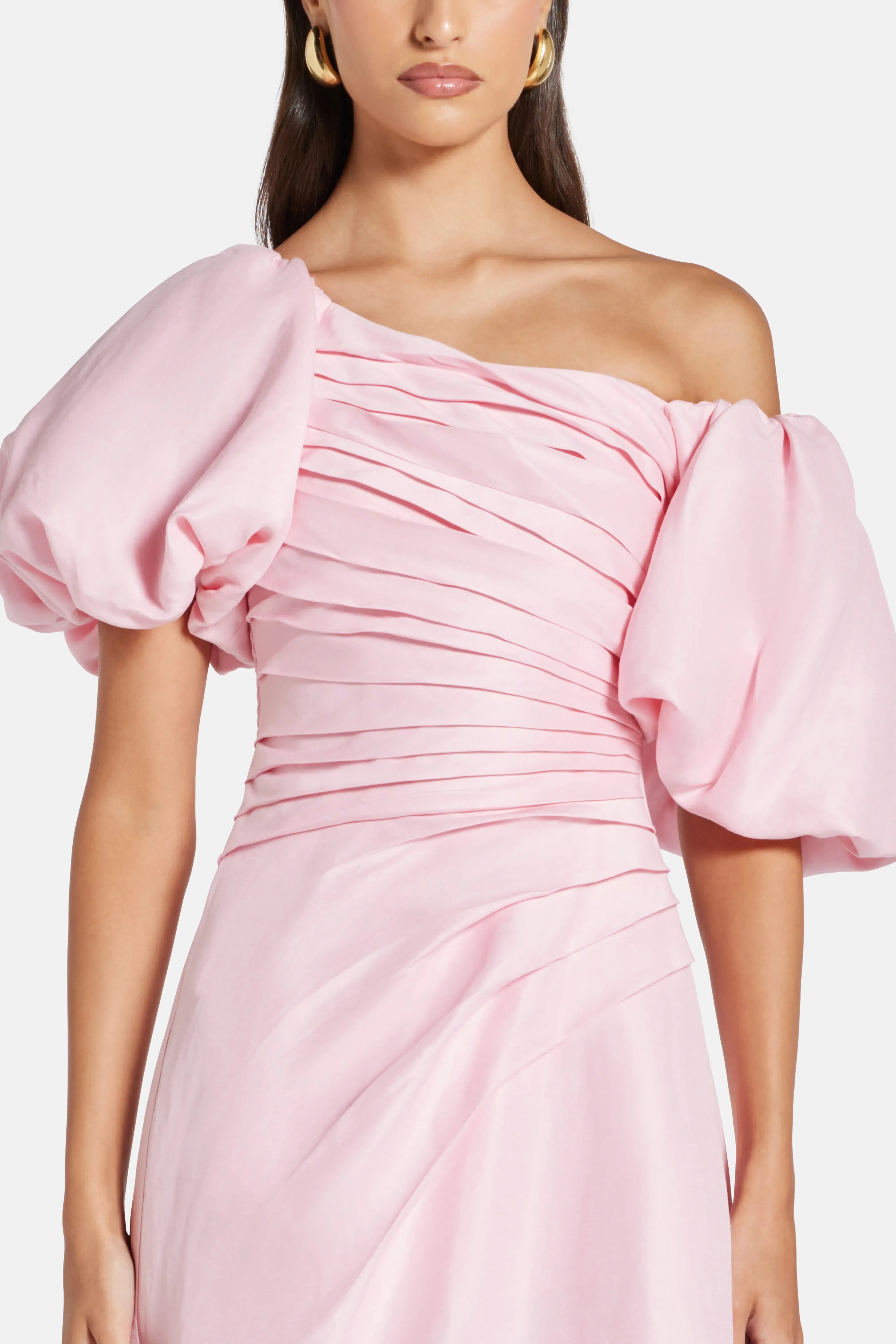 Aje Cadence Ruched Midi Dress with Asymmetrical Neckline in Pink