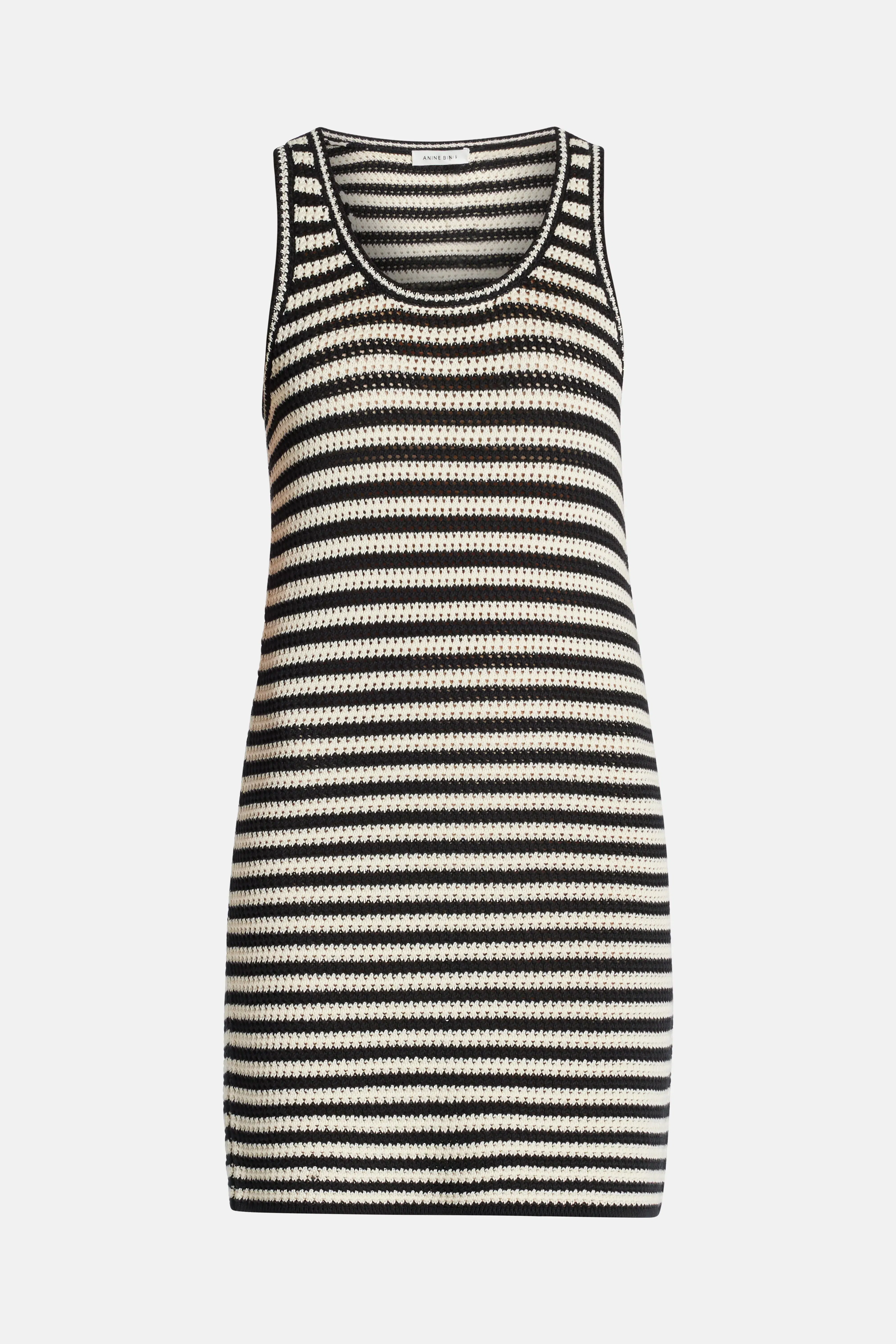 ANINE BING Arie Sleeveless Stripes Mini Dress in Black and White