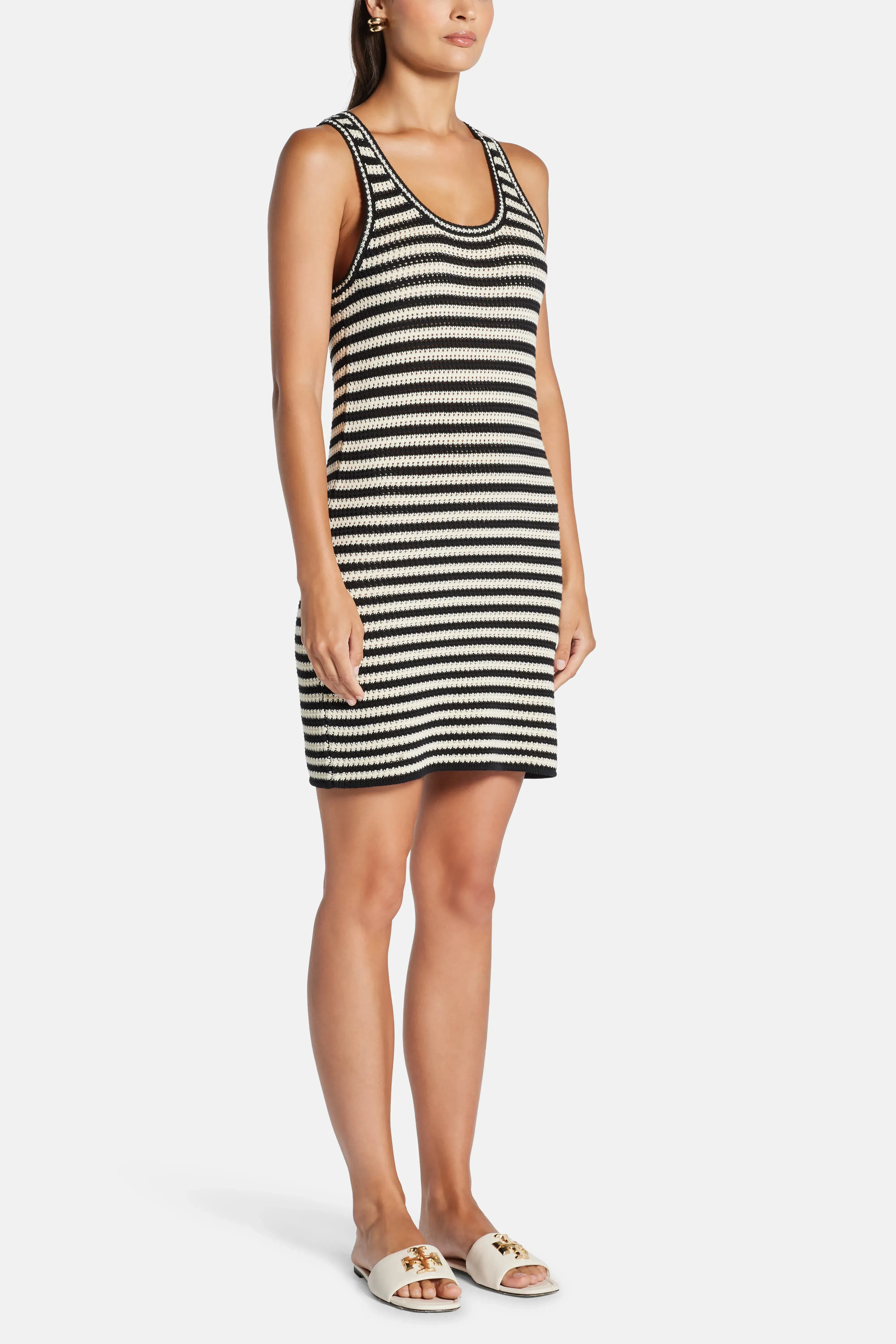 ANINE BING Arie Sleeveless Stripes Mini Dress in Black and White