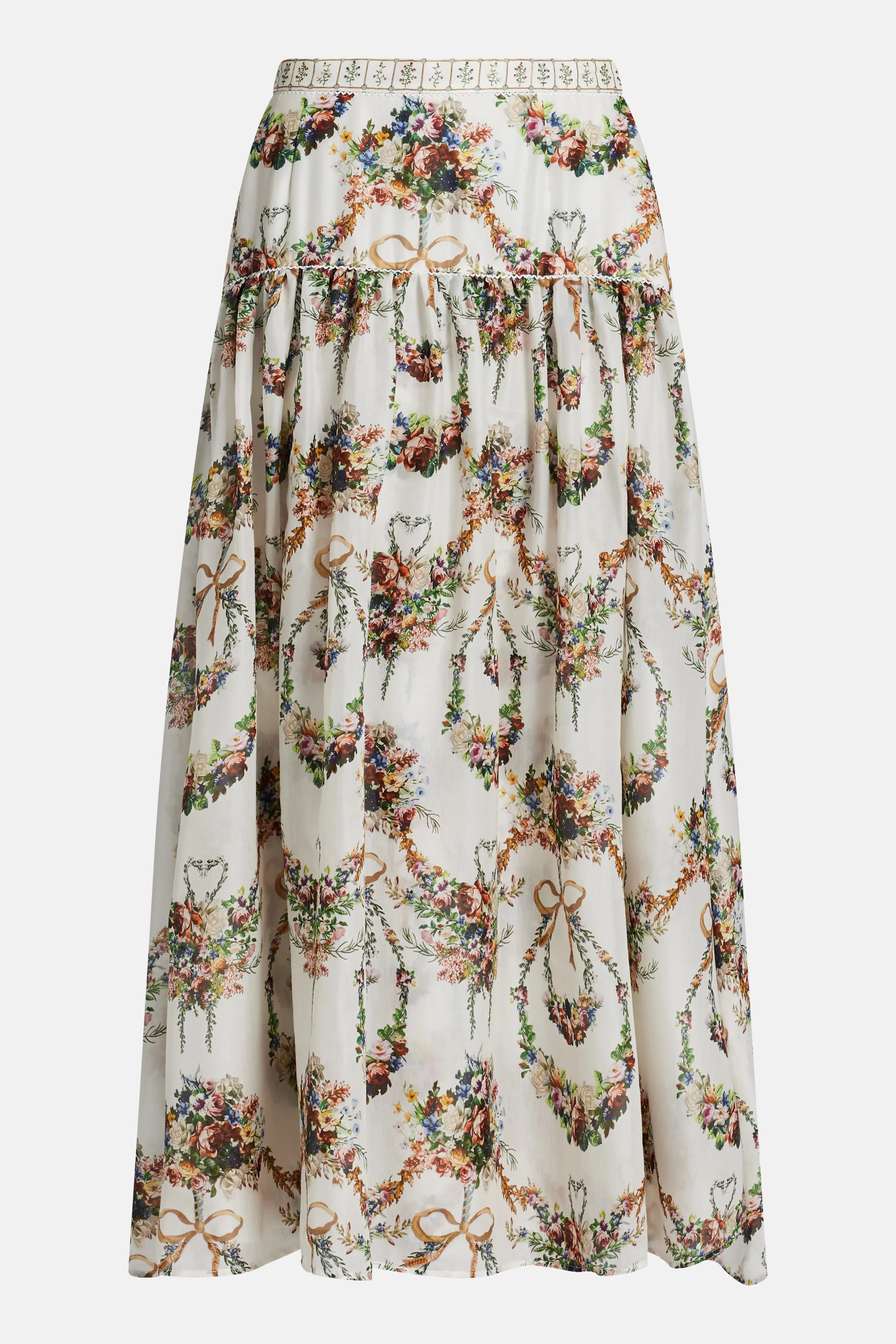 Camilla Dressing Room Drama Floral Fitted Waist Gathered Cotton Silk Maxi Skirt in White