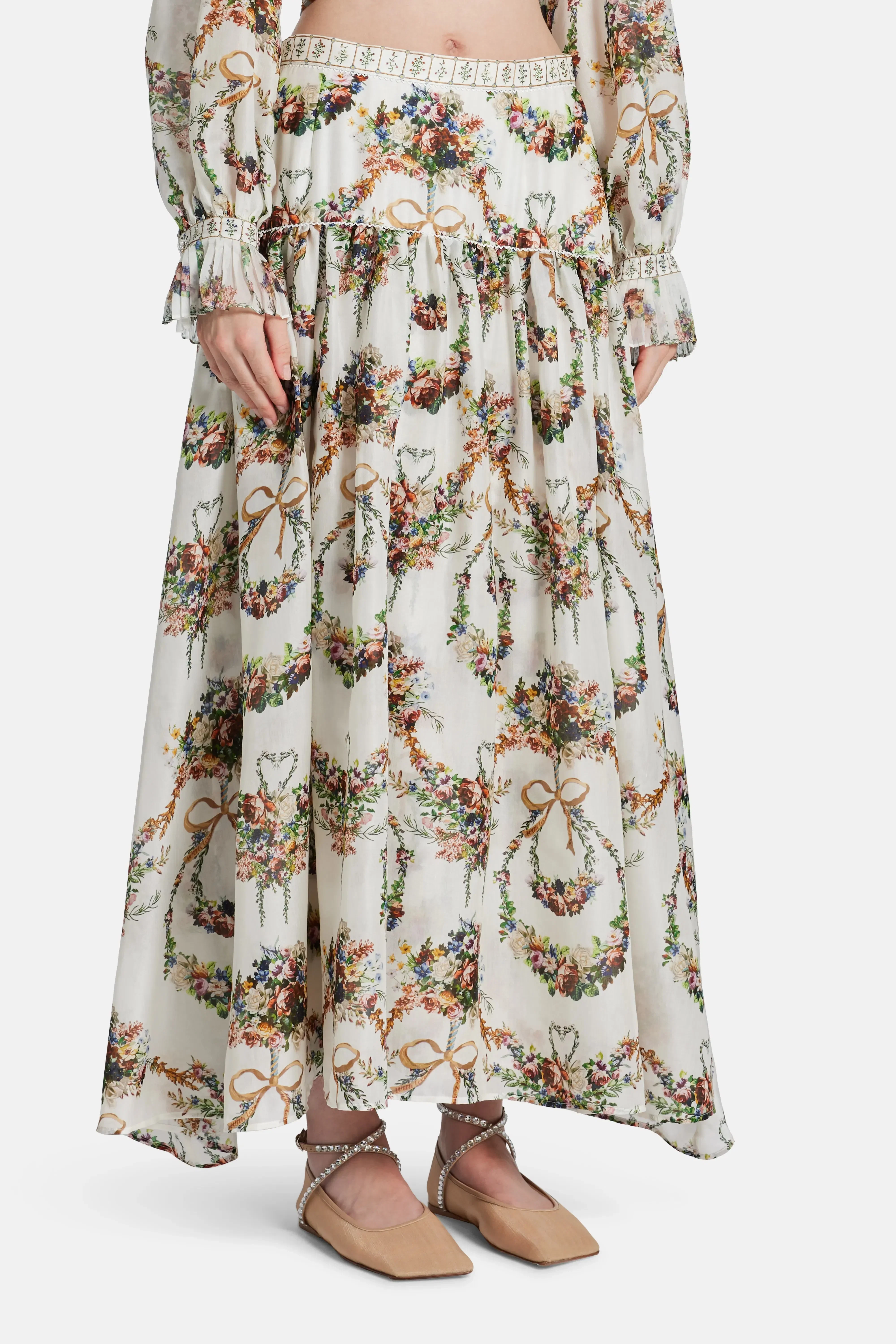 Camilla Dressing Room Drama Floral Fitted Waist Gathered Cotton Silk Maxi Skirt in White