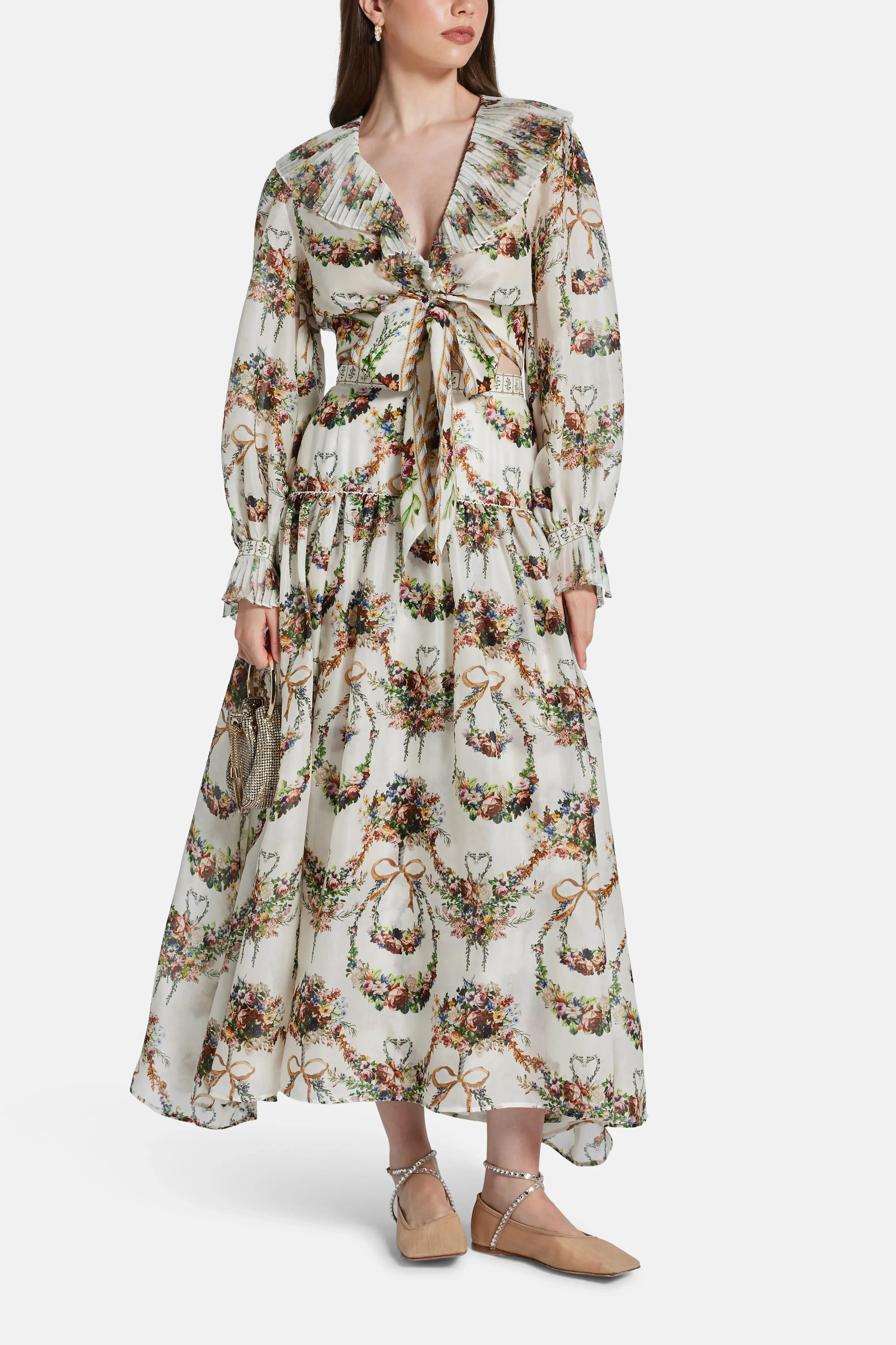 Camilla Dressing Room Drama Floral Fitted Waist Gathered Cotton Silk Maxi Skirt in White