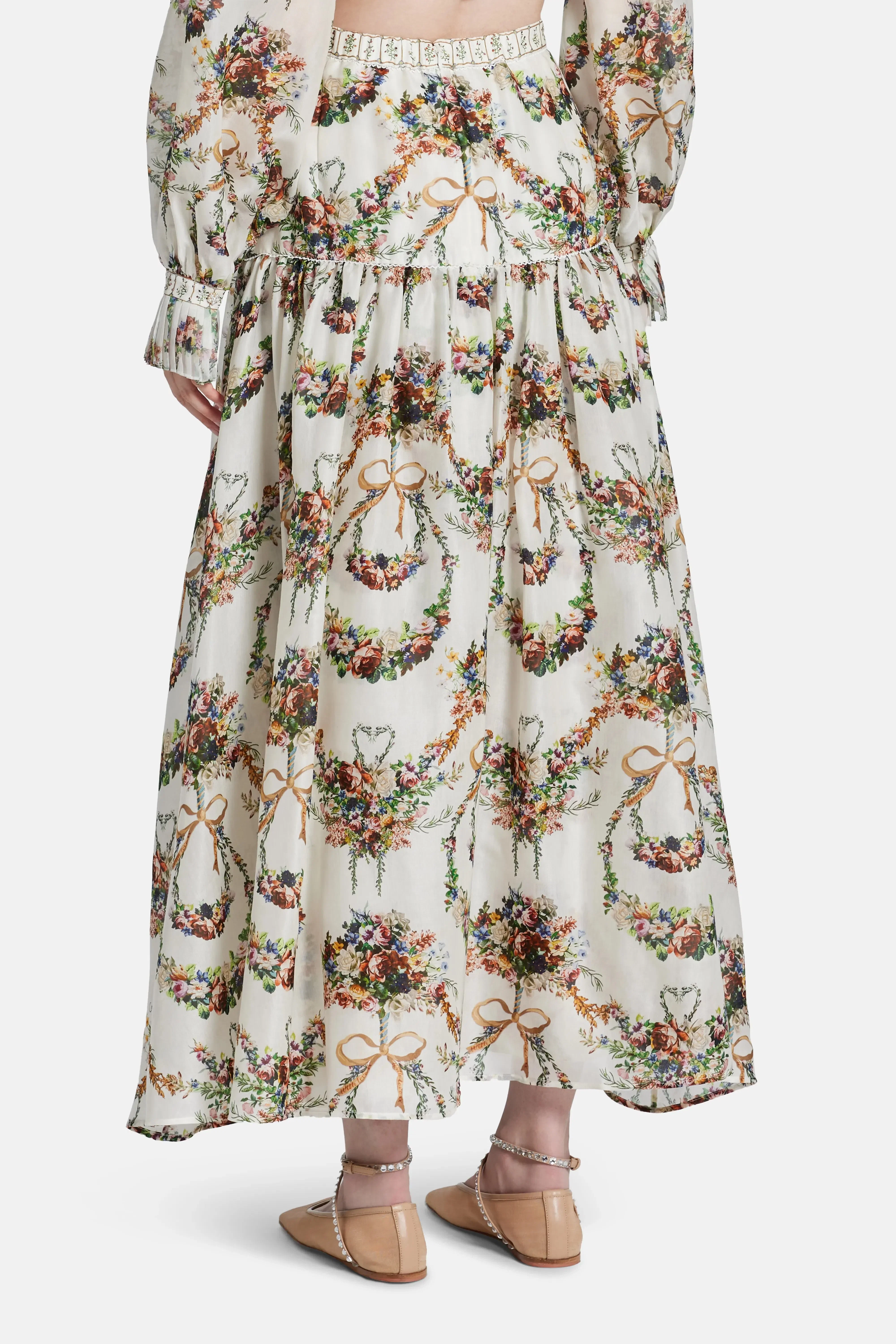 Camilla Dressing Room Drama Floral Fitted Waist Gathered Cotton Silk Maxi Skirt in White