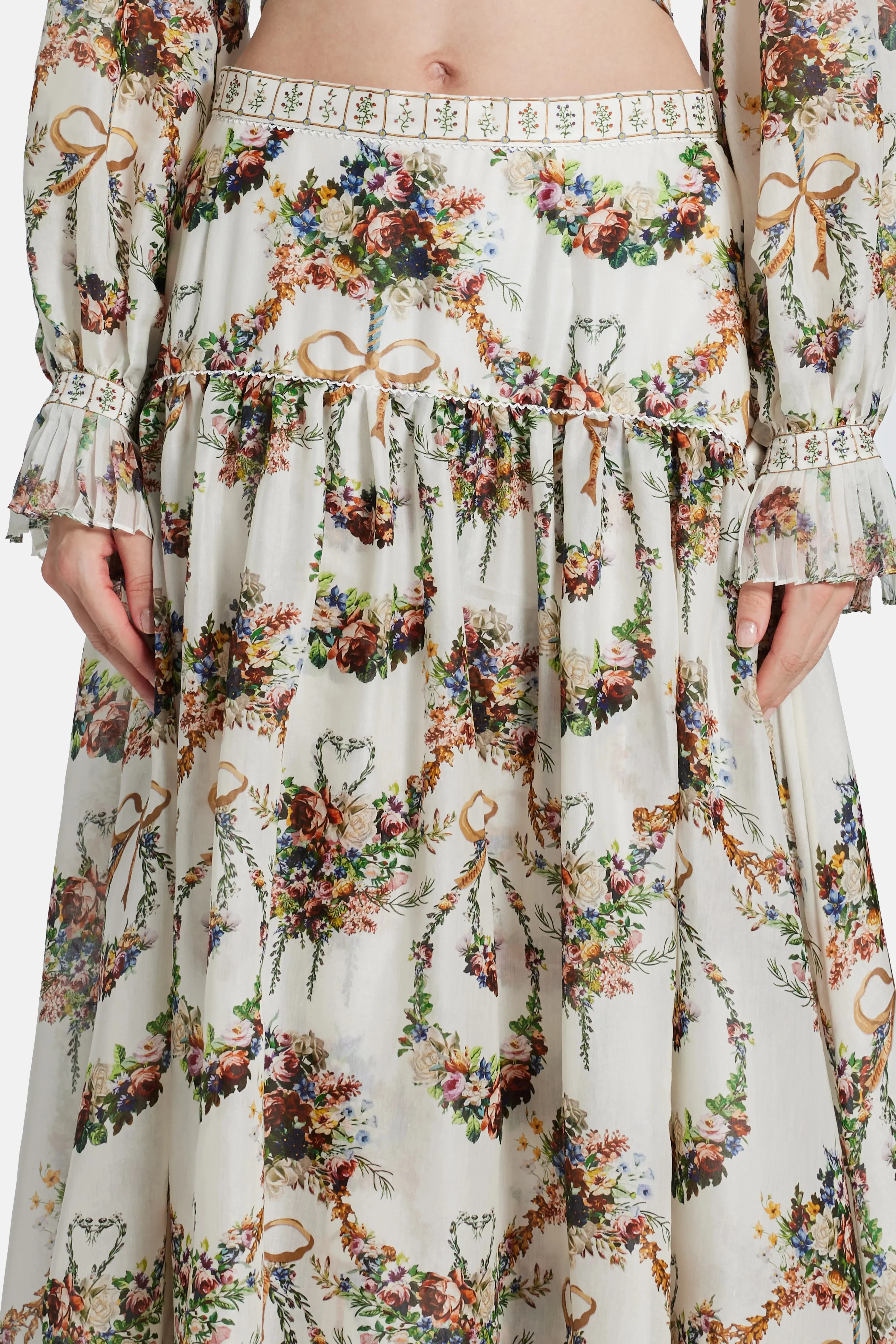 Camilla Dressing Room Drama Floral Fitted Waist Gathered Cotton Silk Maxi Skirt in White
