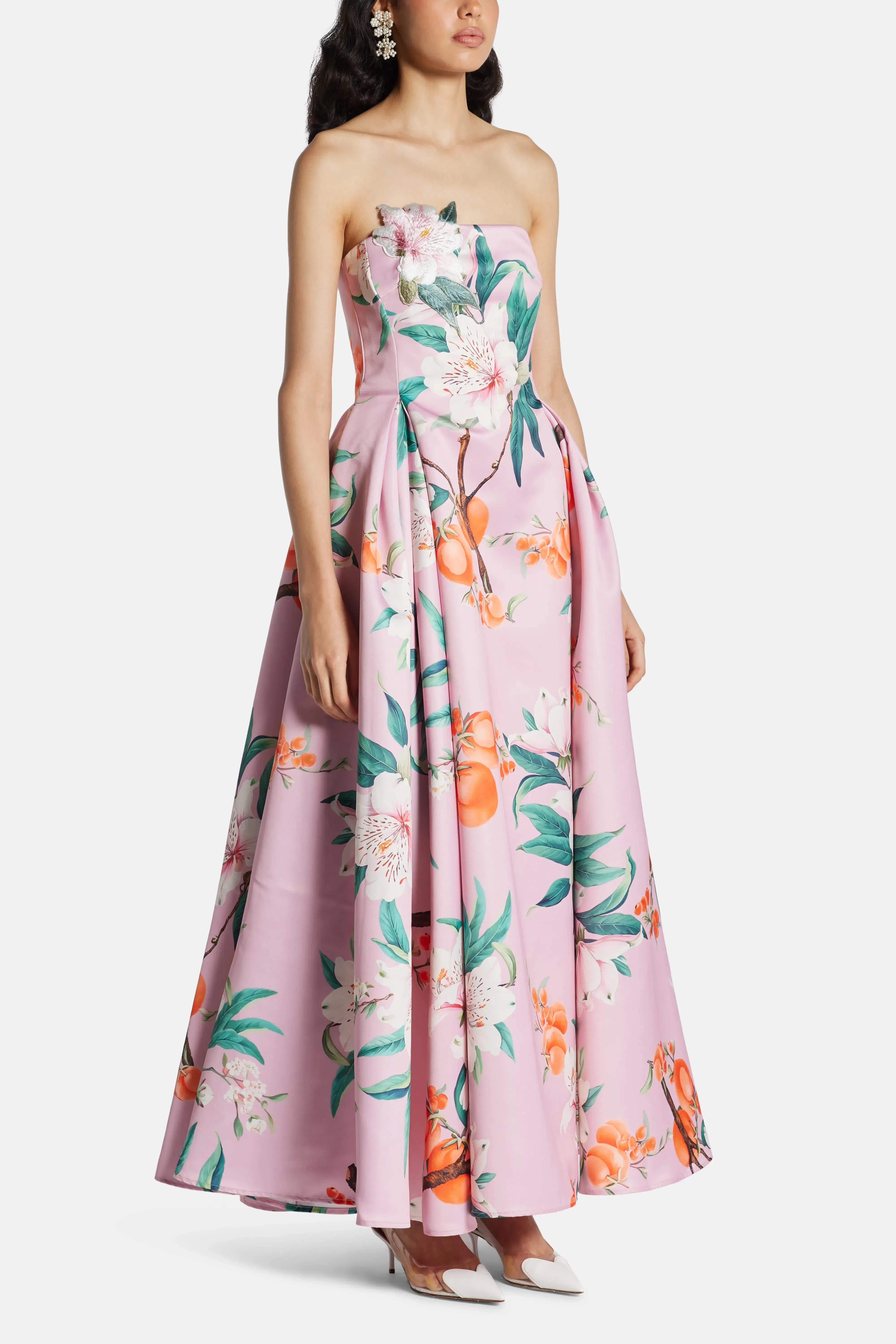 Leo Lin Nora Bustier Floral Applique Linen Maxi Dress In Pink