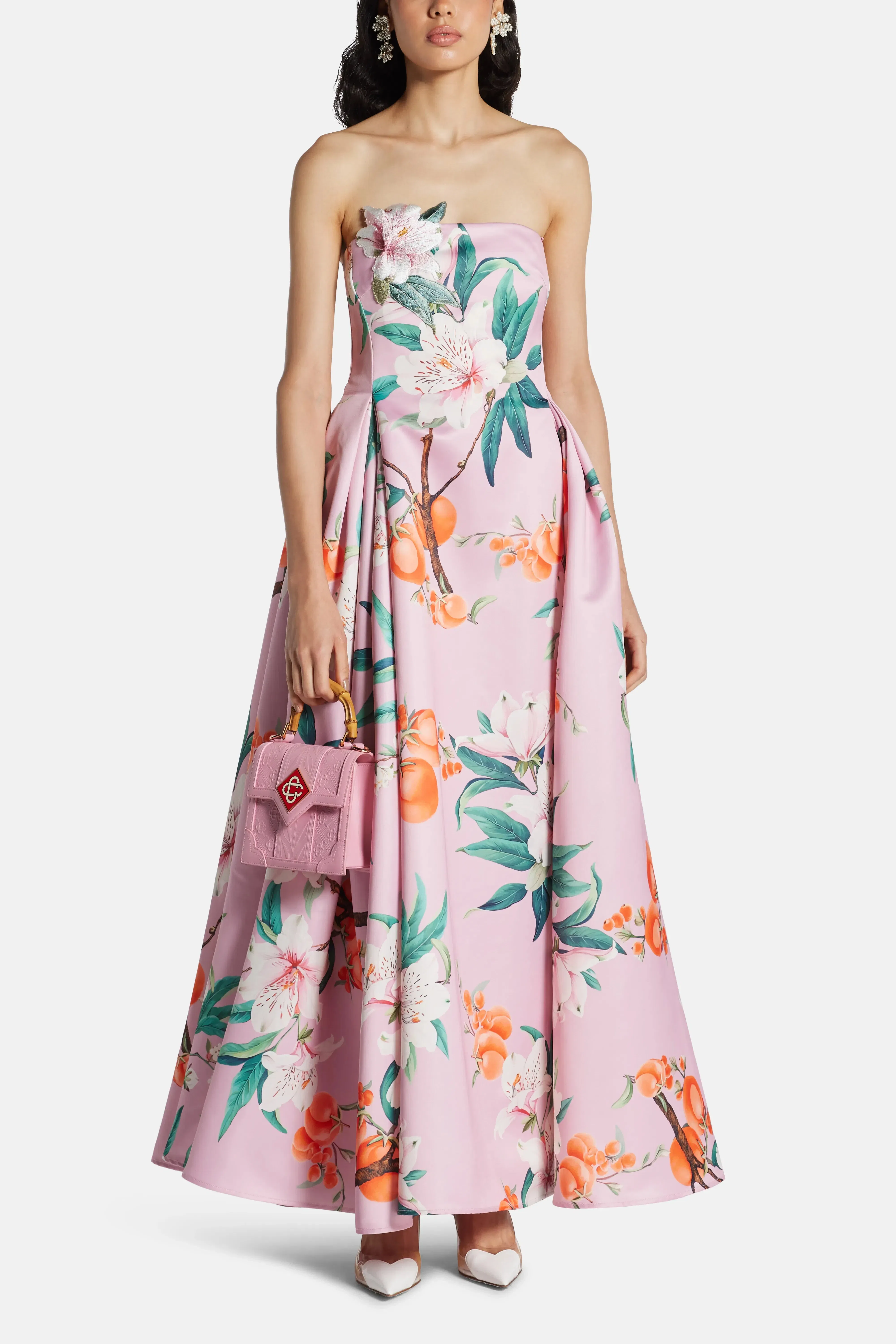 Leo Lin Nora Bustier Floral Applique Linen Maxi Dress In Pink