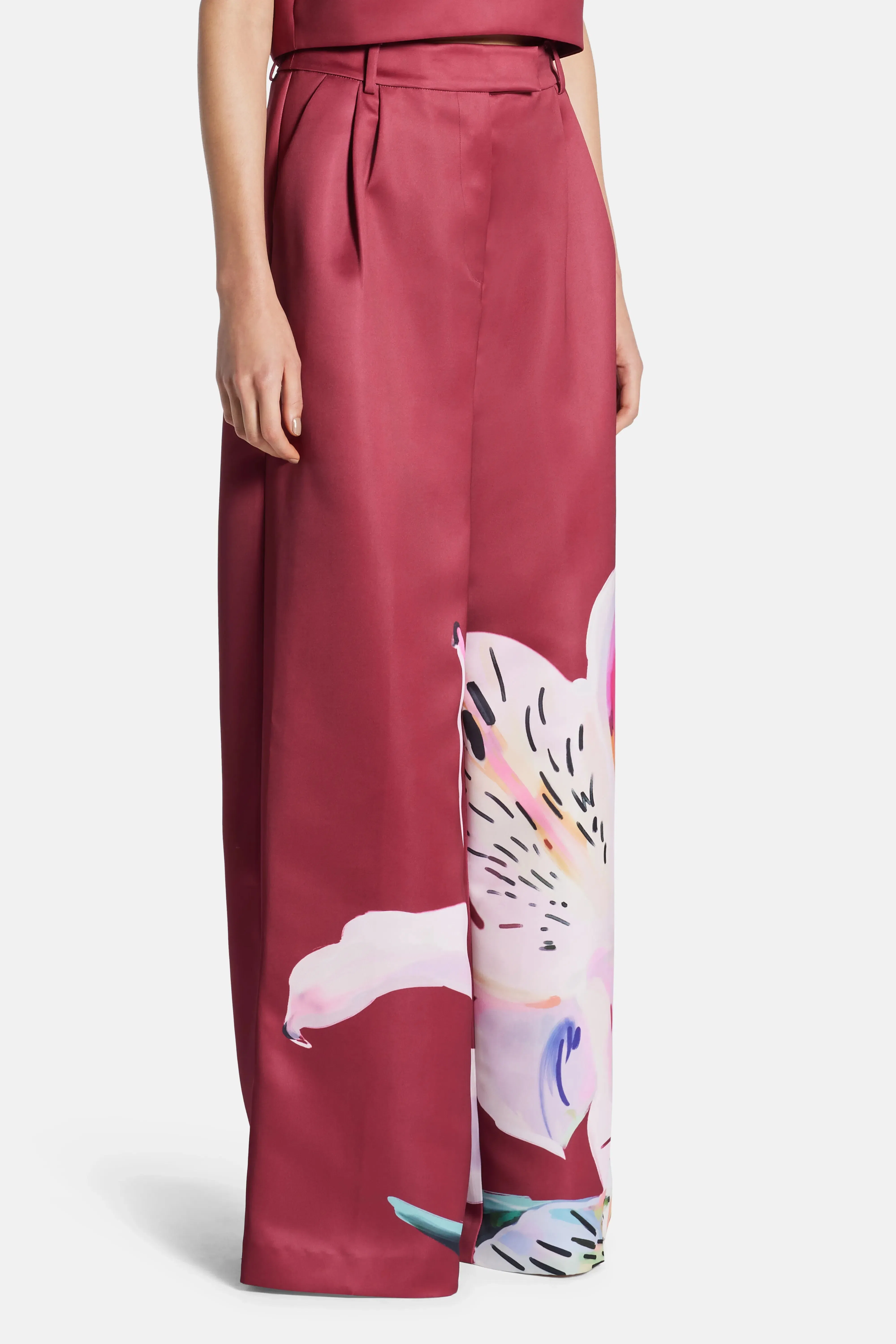 Leo Lin Elisha Floral Wide Leg Pants In Burgundy