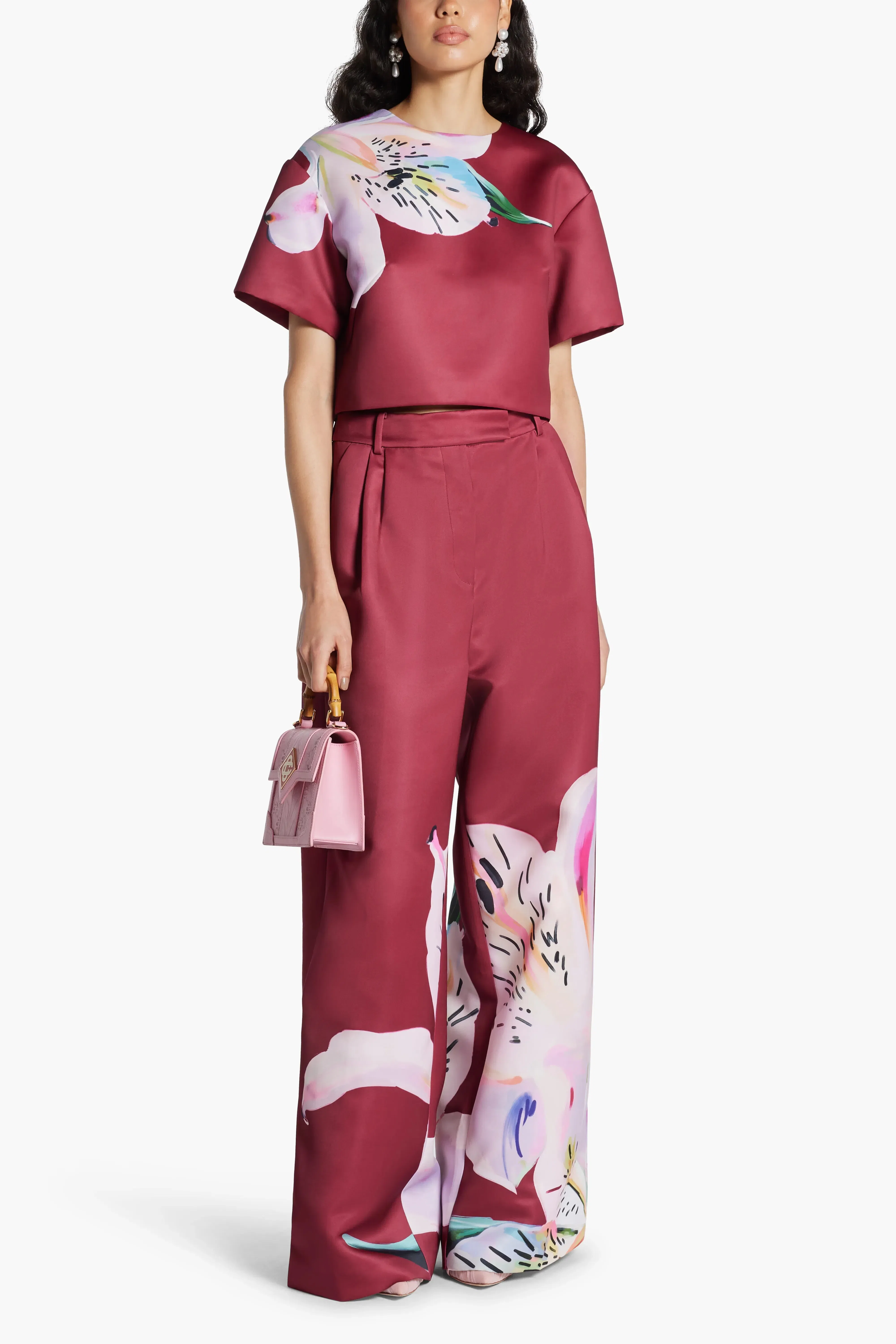 Leo Lin Elisha Floral Wide Leg Pants In Burgundy