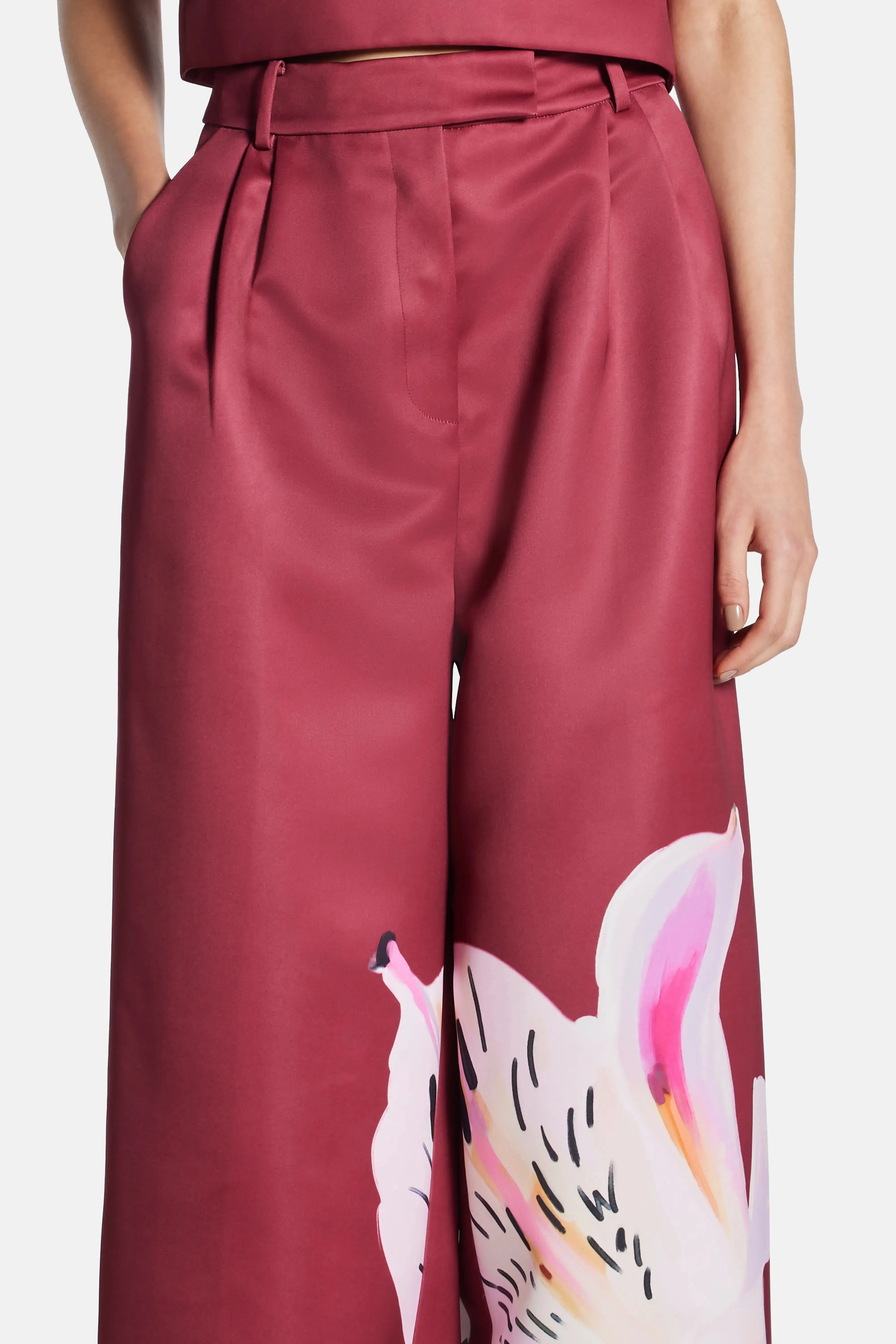Leo Lin Elisha Floral Wide Leg Pants In Burgundy