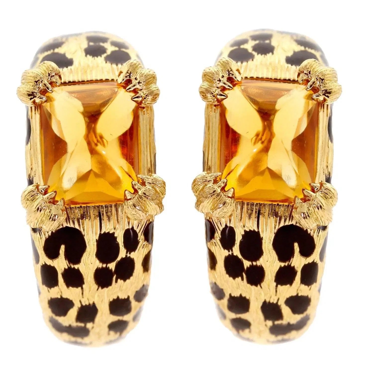 Christian Dior Dior Leopard Enamel & Citrine 18k Yellow Gold Hoop Earrings