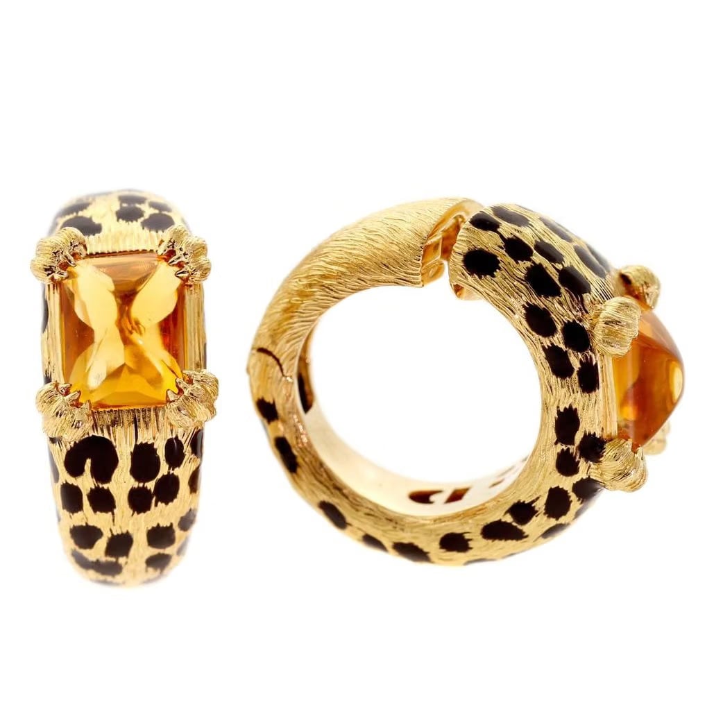 Christian Dior Dior Leopard Enamel & Citrine 18k Yellow Gold Hoop Earrings