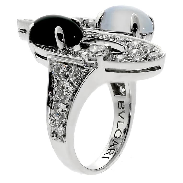 Bvlgari Elisia Diamond Onyx & Chalcedony White Gold Cocktail Ring Sz 4