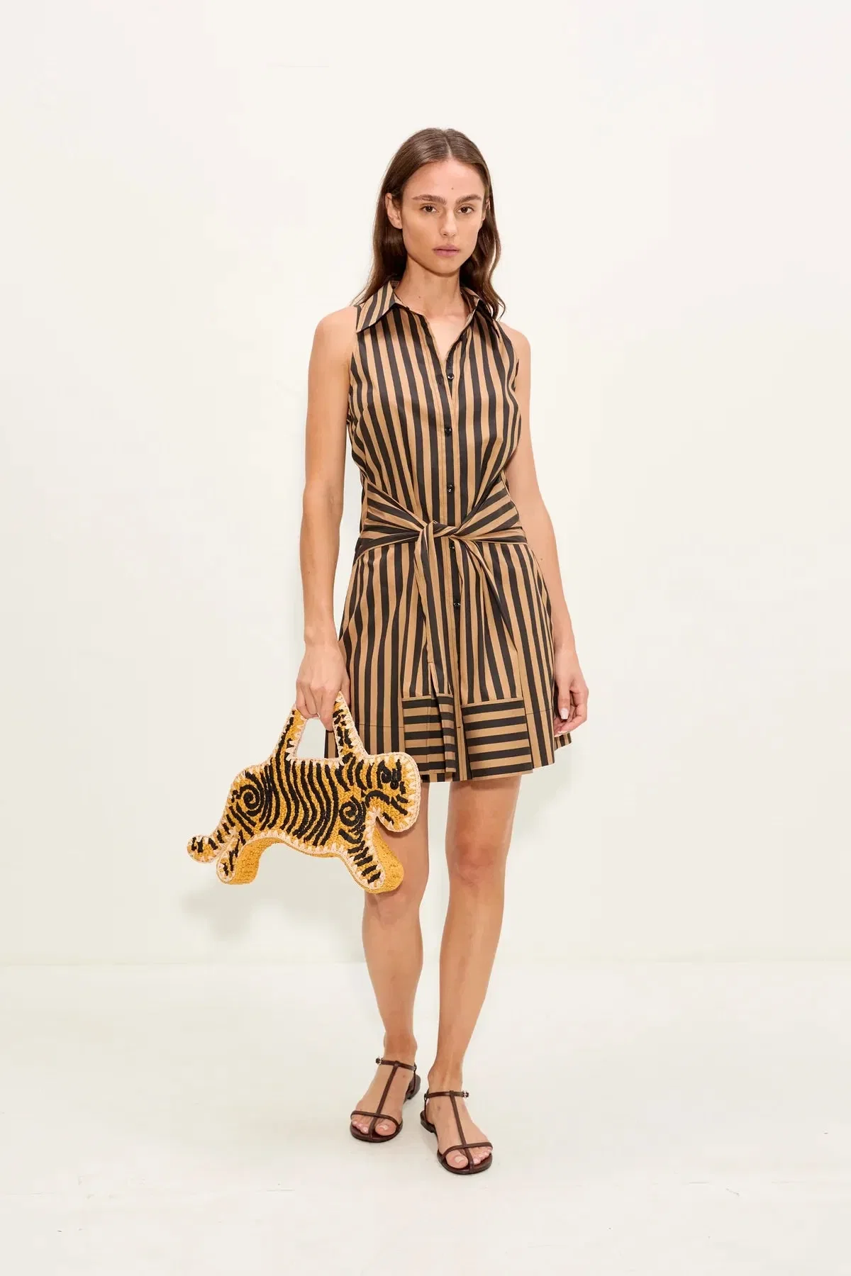 Simon Miller Inna Sleeveless Striped Poplin Cotton Mini Dress in Brown