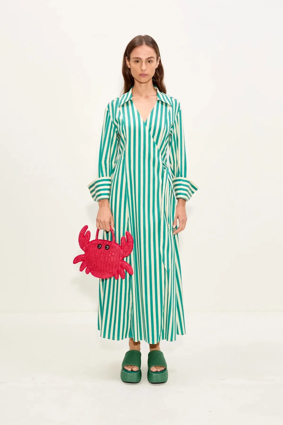 Simon Miller Anya Poplin Striped Wrap Cotton Maxi Dress in Green