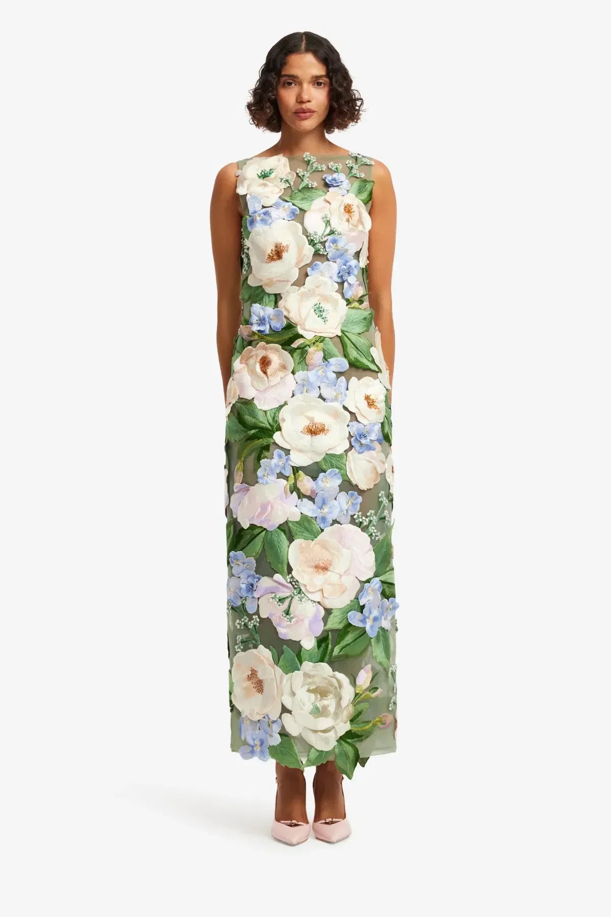 Leo Lin Fleur Hand-Embroidered Backless Sleeveless Floral Maxi Dress in Green