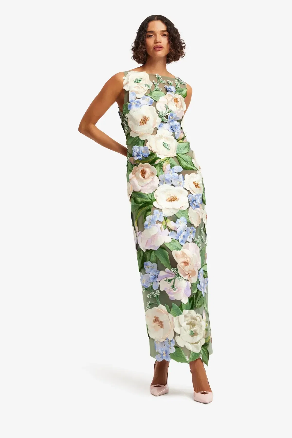 Leo Lin Fleur Hand-Embroidered Backless Sleeveless Floral Maxi Dress in Green