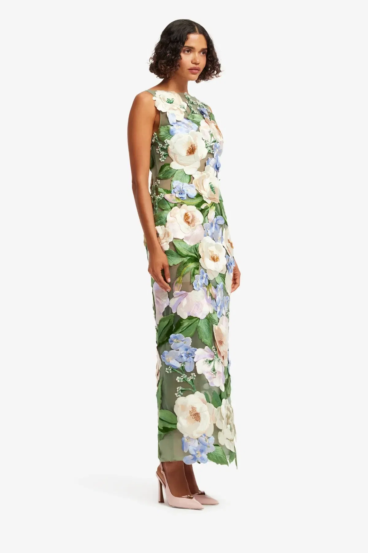 Leo Lin Fleur Hand-Embroidered Backless Sleeveless Floral Maxi Dress in Green
