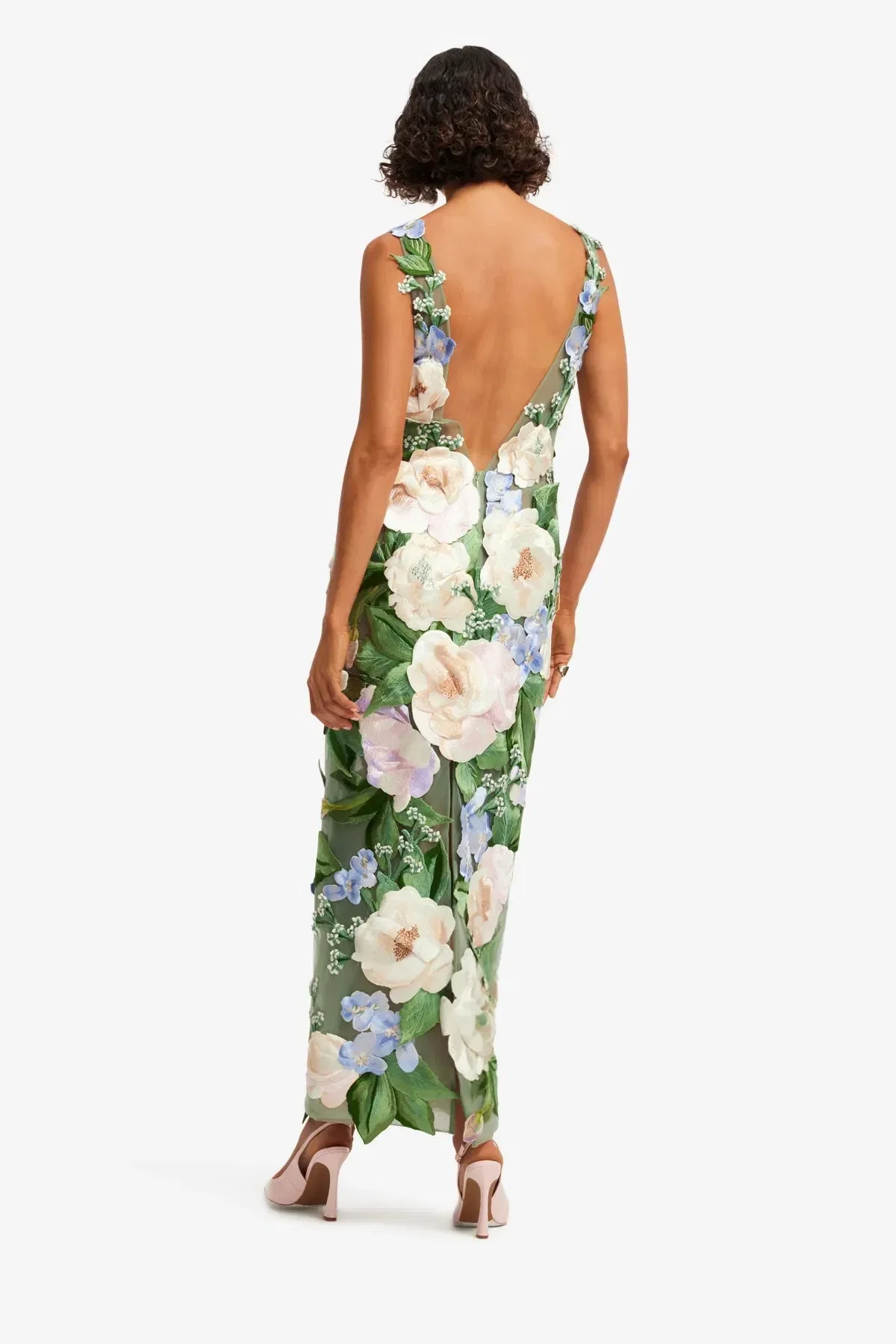 Leo Lin Fleur Hand-Embroidered Backless Sleeveless Floral Maxi Dress in Green