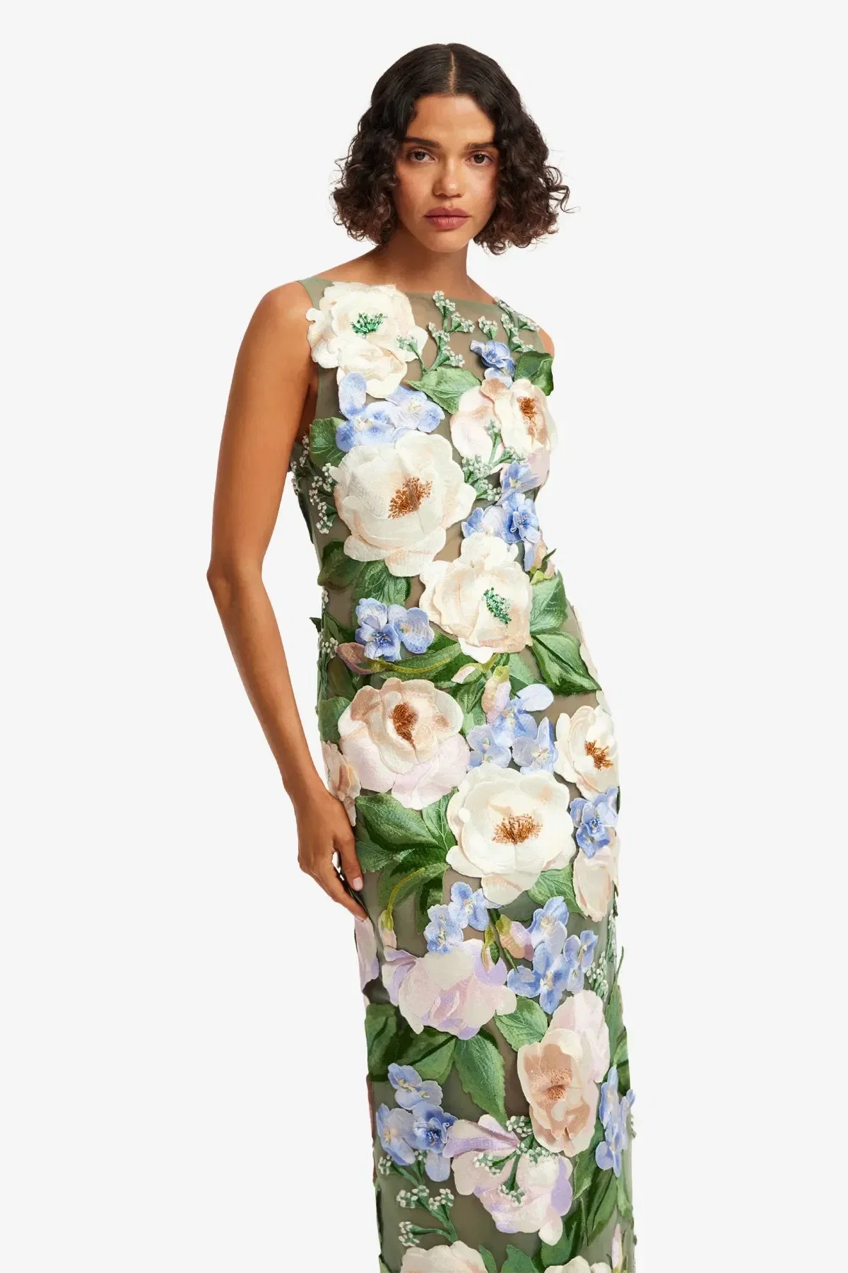 Leo Lin Fleur Hand-Embroidered Backless Sleeveless Floral Maxi Dress in Green