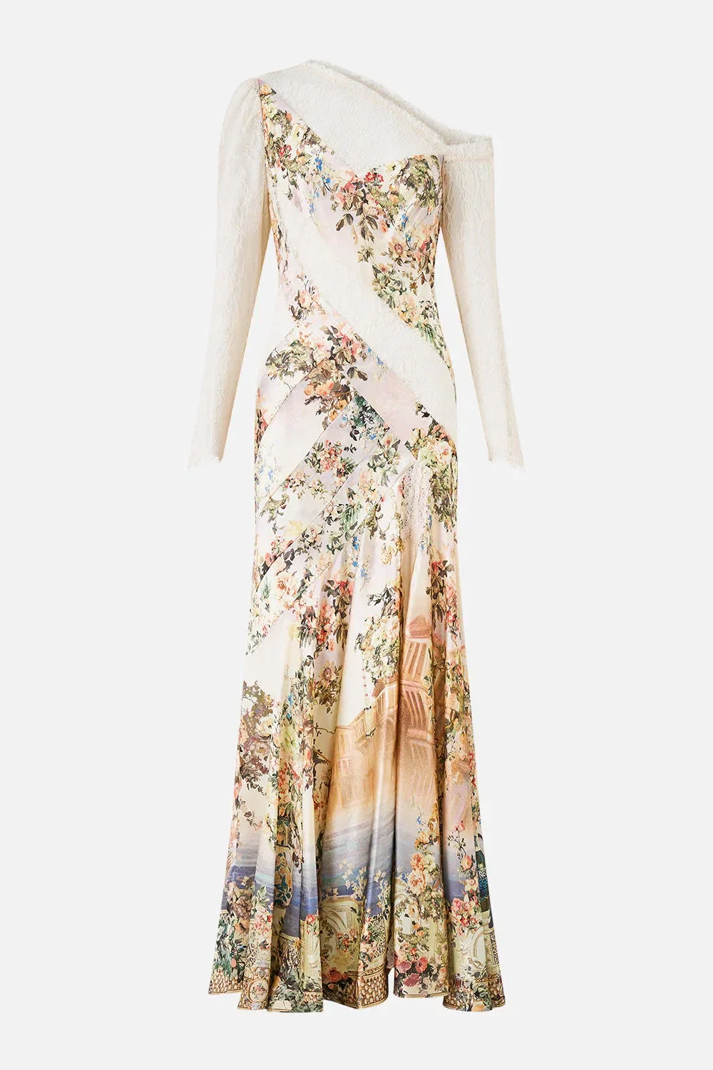 Camilla Twilight in Istanbul Lace Splice Floral One Shoulder Silk Maxi Dress in Beige