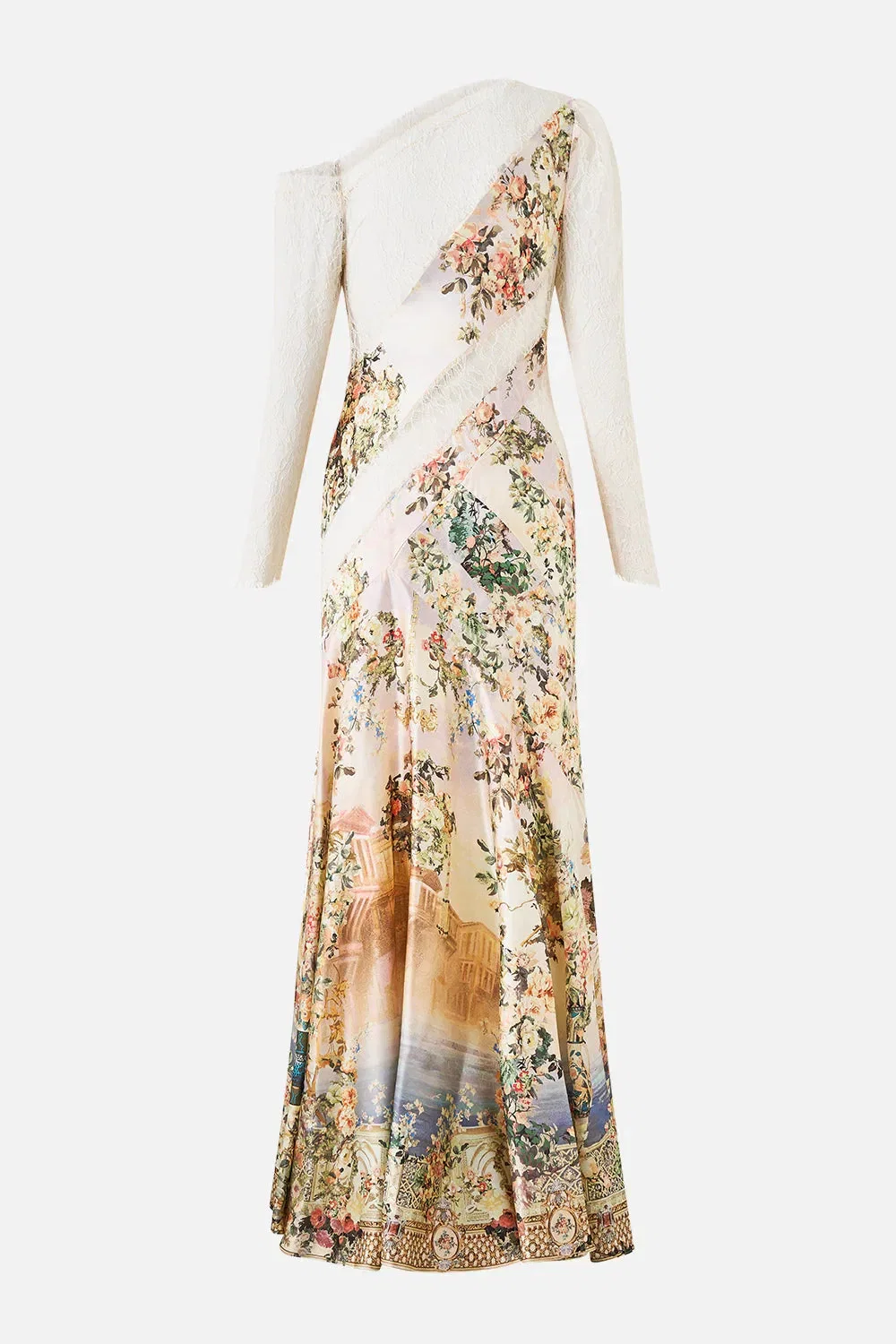 Camilla Twilight in Istanbul Lace Splice Floral One Shoulder Silk Maxi Dress in Beige