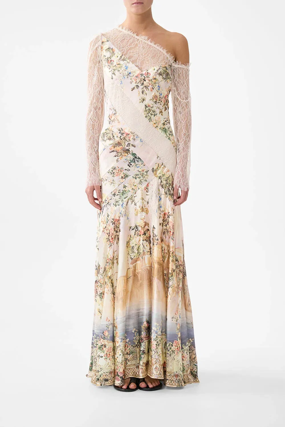 Camilla Twilight in Istanbul Lace Splice Floral One Shoulder Silk Maxi Dress in Beige