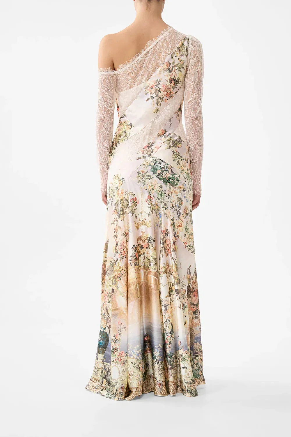 Camilla Twilight in Istanbul Lace Splice Floral One Shoulder Silk Maxi Dress in Beige