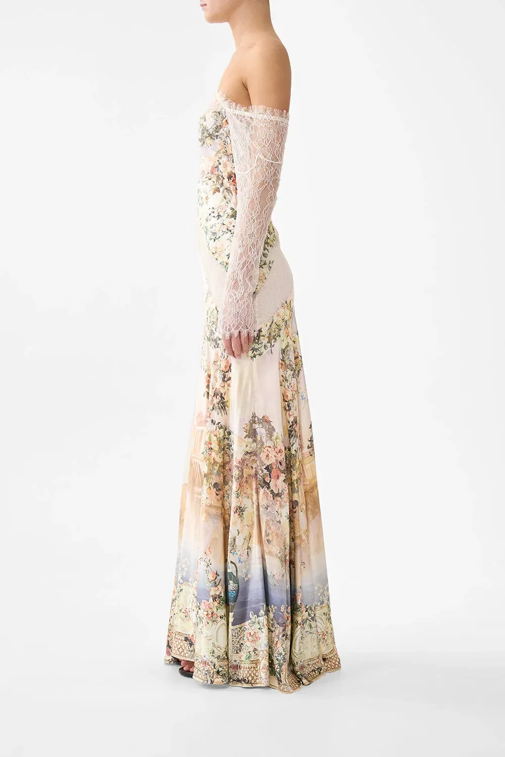 Camilla Twilight in Istanbul Lace Splice Floral One Shoulder Silk Maxi Dress in Beige
