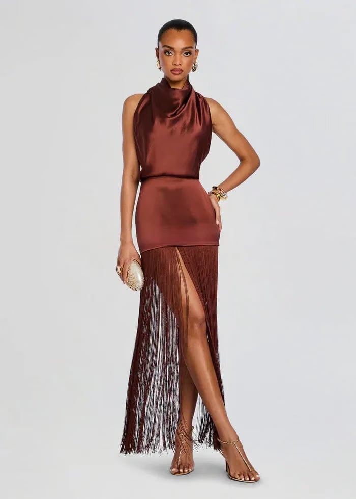 Retrofete Cyrelle Sleeveless Fringes Mini Dress in Brown