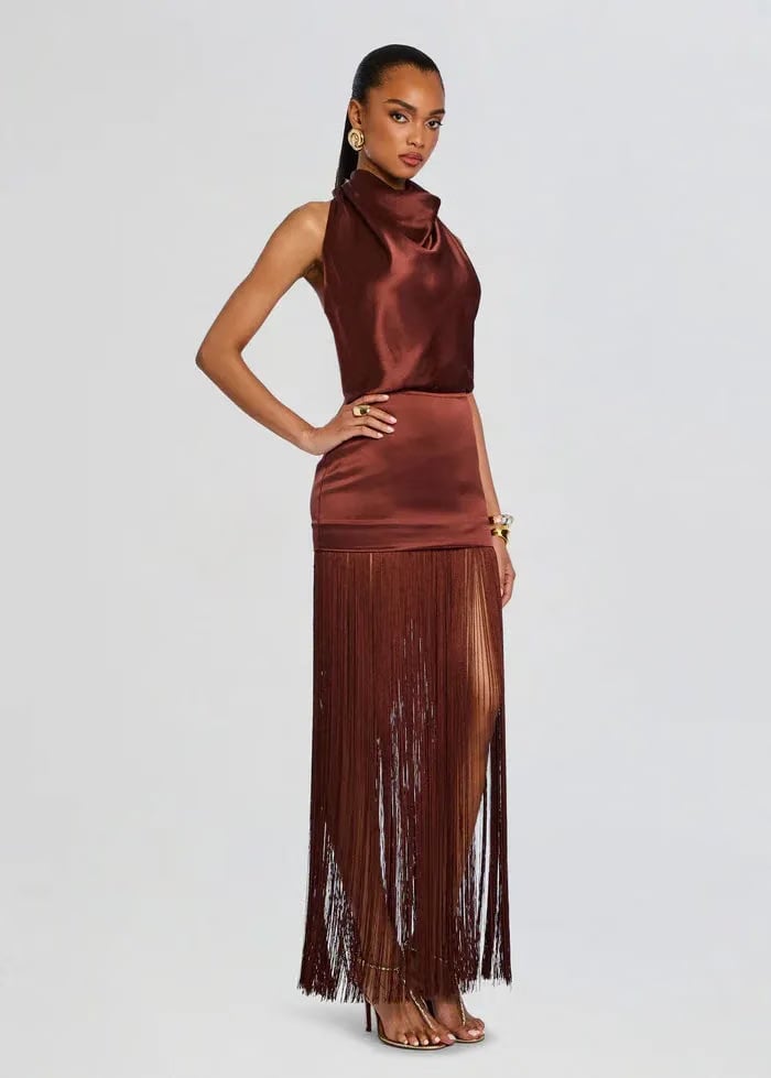 Retrofete Cyrelle Sleeveless Fringes Mini Dress in Brown