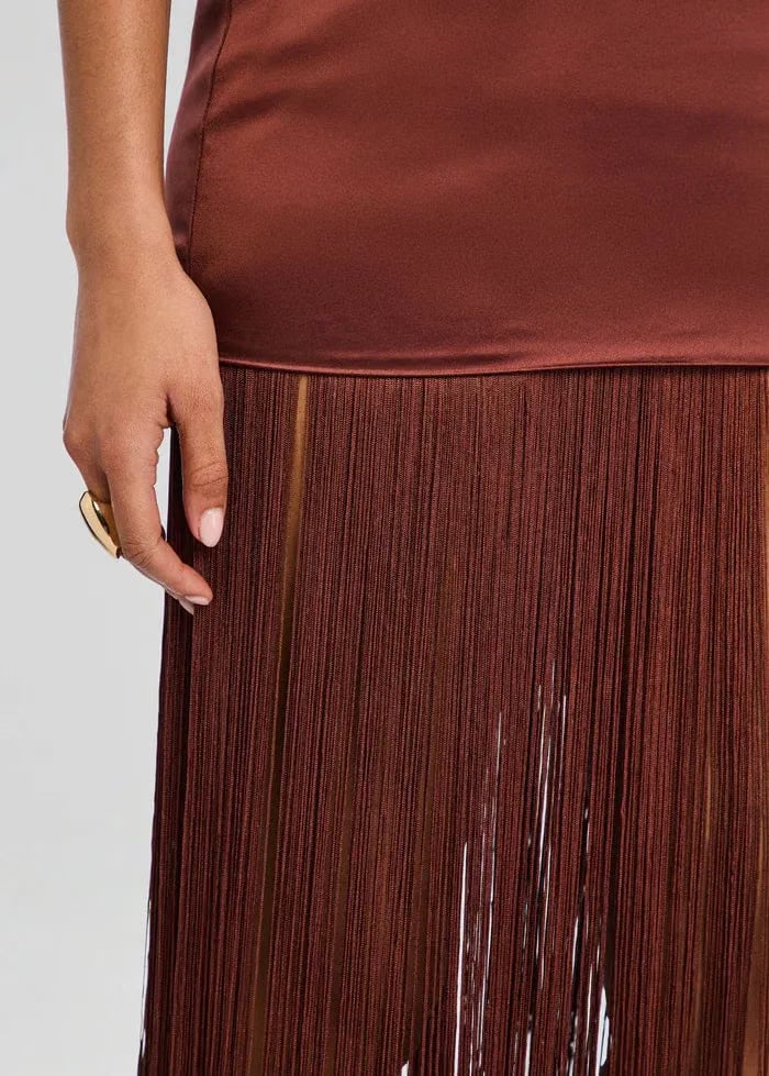Retrofete Cyrelle Sleeveless Fringes Mini Dress in Brown