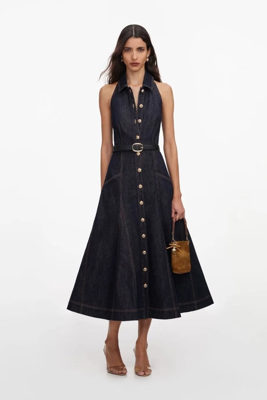 Self-Portrait Denim Halter Neck Sleeveless Cotton Belted Midi Dress in Blue