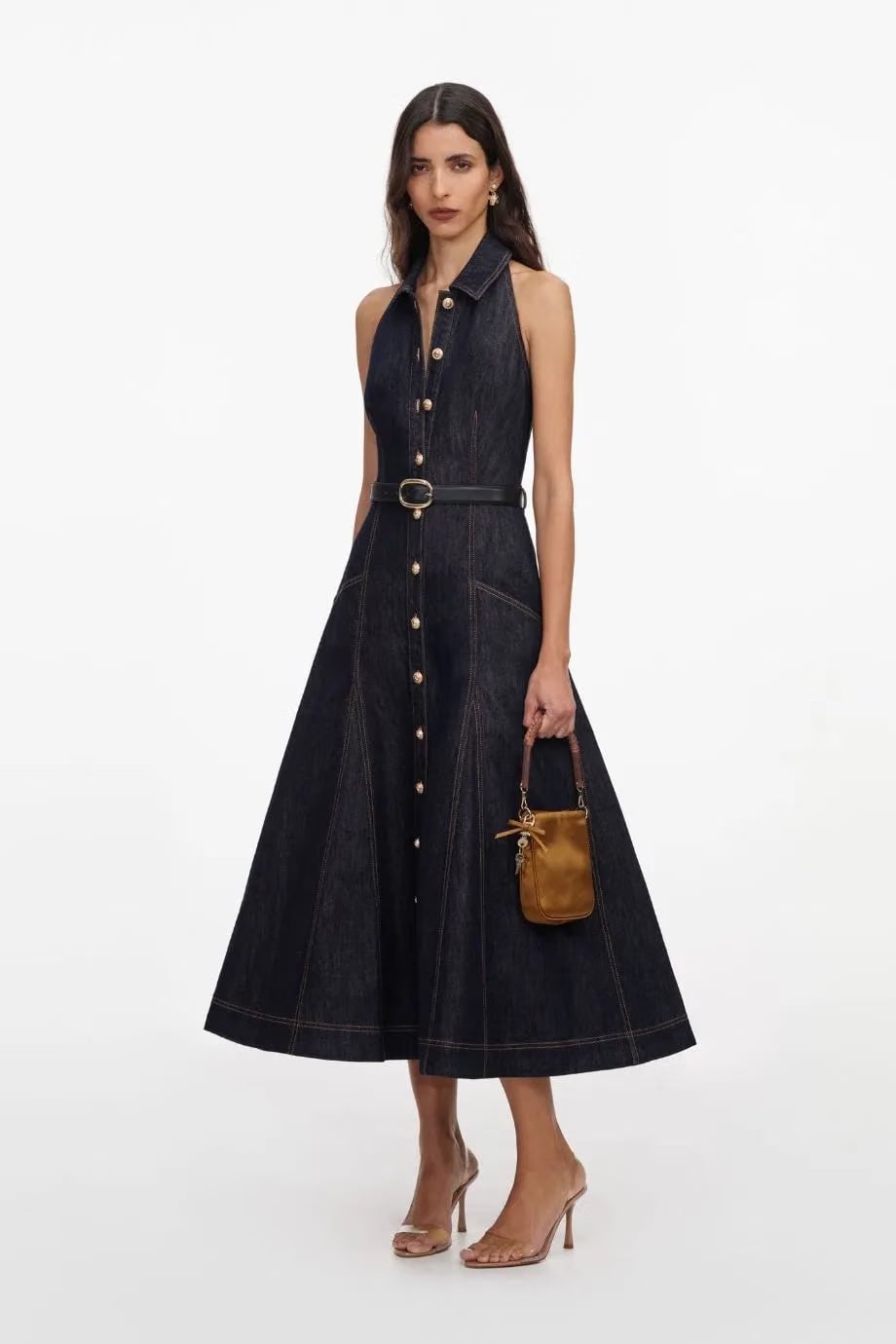 Self-Portrait Denim Halter Neck Sleeveless Cotton Belted Midi Dress in Blue