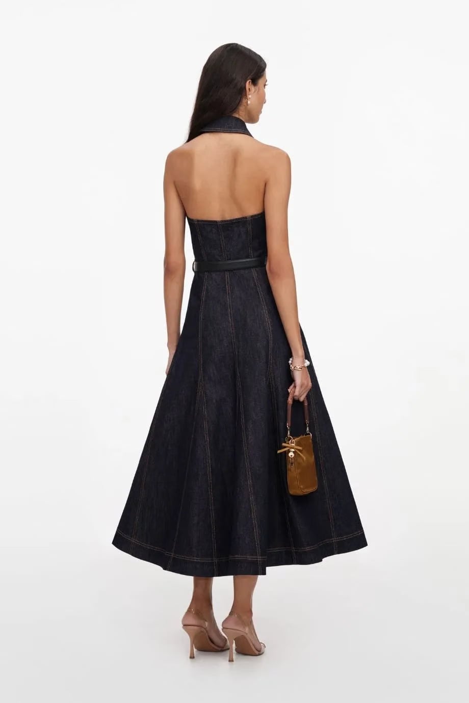 Self-Portrait Denim Halter Neck Sleeveless Cotton Belted Midi Dress in Blue