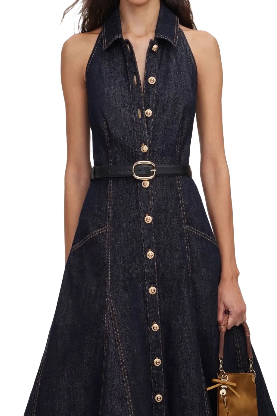 Self-Portrait Denim Halter Neck Sleeveless Cotton Belted Midi Dress in Blue