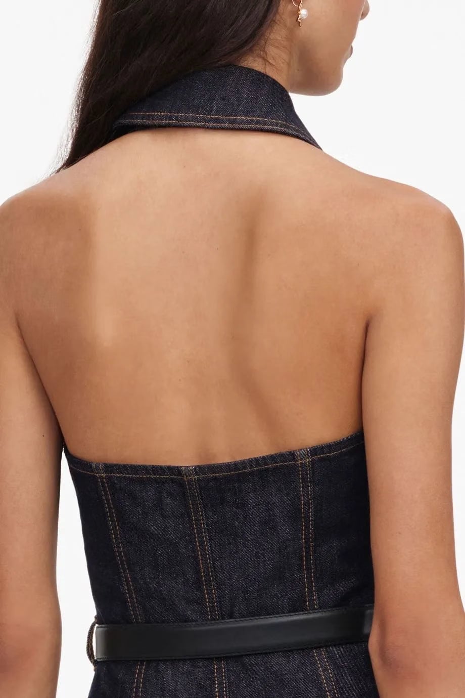 Self-Portrait Denim Halter Neck Sleeveless Cotton Belted Midi Dress in Blue
